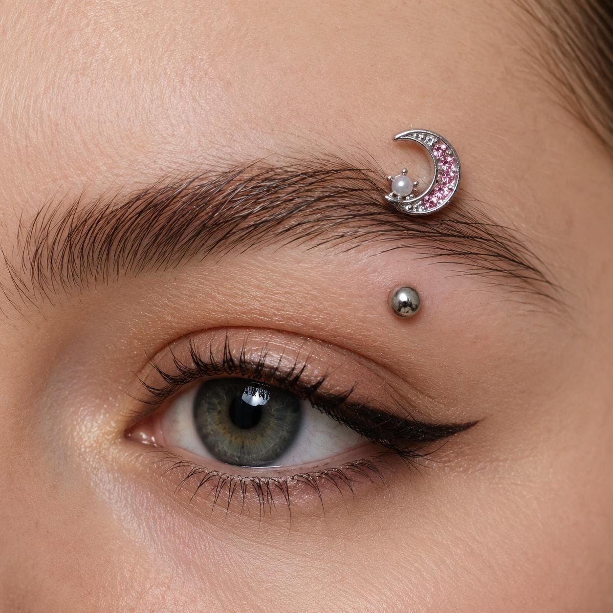 ASTM F136 Titanium Moon Pearl Eyebrow Ring, 16G Straight Barbell, Pink CZ Crescent Brow Piercing Jewelry, Rook Vertical Labret