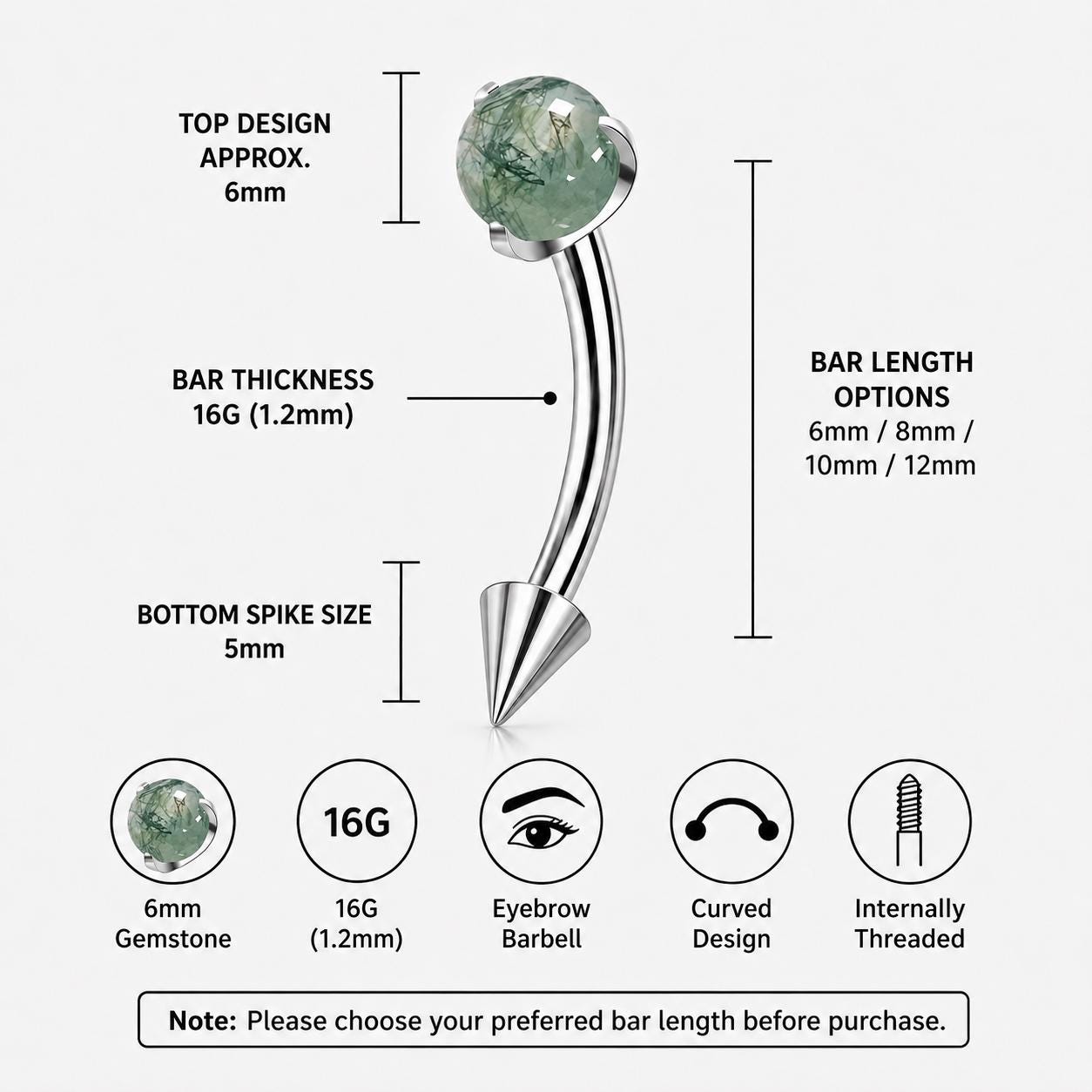 ASTM F136 Titanium Moss Agate Eyebrow Ring｜16G Curved Barbell｜Green Gem Spike Brow Piercing｜Celestial Jewelry