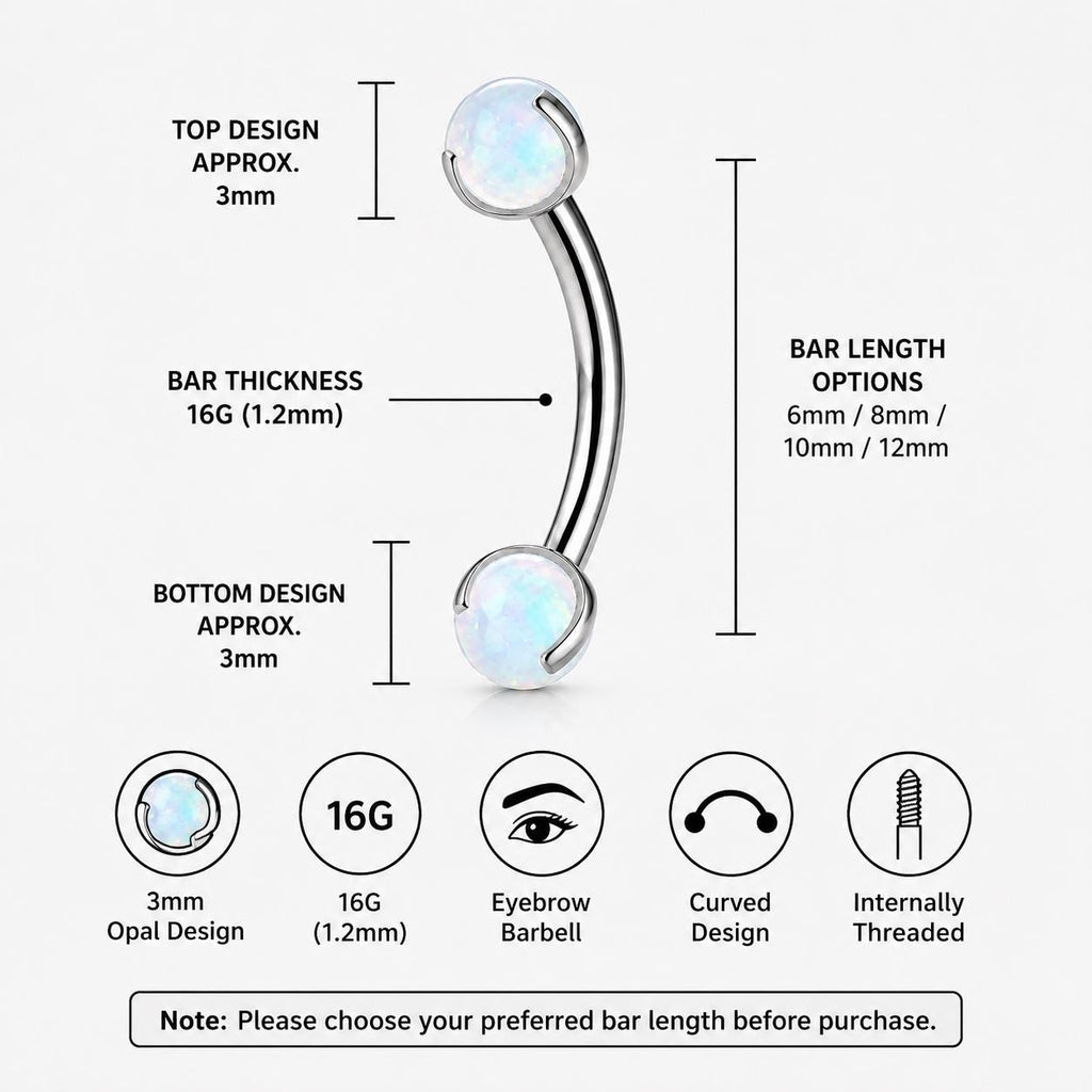ASTM F136 Titanium Moonstone Eyebrow Ring, 16G Curved Barbell, Opal Ball Brow Piercing Jewelry, Rook Vertical Labret