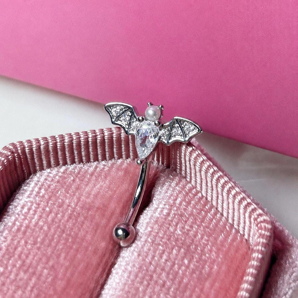 ASTM F136 Titanium Bat Eyebrow Ring, 16G Curved Barbell, Pearl CZ Wing Brow Piercing Jewelry, Gothic Eyebrow Piercing