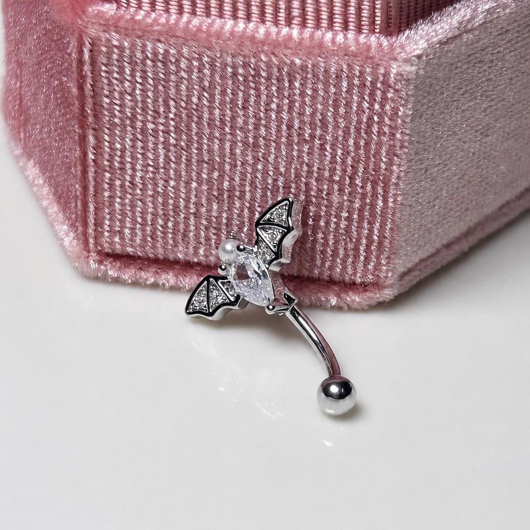 ASTM F136 Titanium Bat Eyebrow Ring, 16G Curved Barbell, Pearl CZ Wing Brow Piercing Jewelry, Gothic Eyebrow Piercing