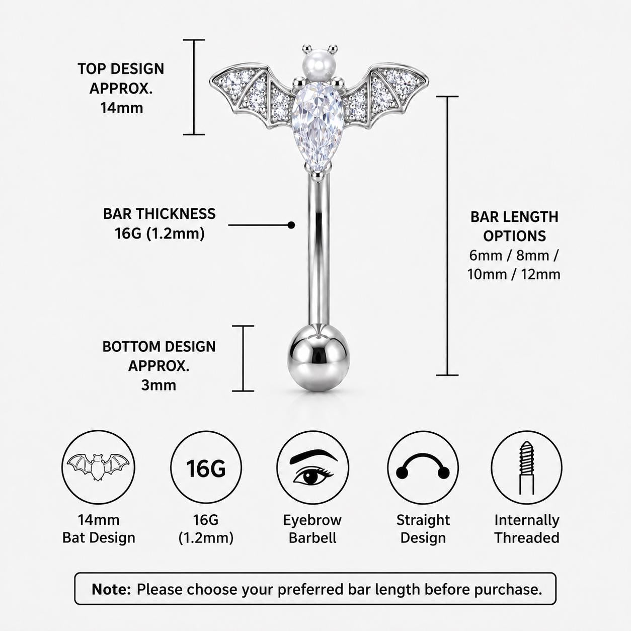 ASTM F136 Titanium Bat Eyebrow Ring, 16G Curved Barbell, Pearl CZ Wing Brow Piercing Jewelry, Gothic Eyebrow Piercing