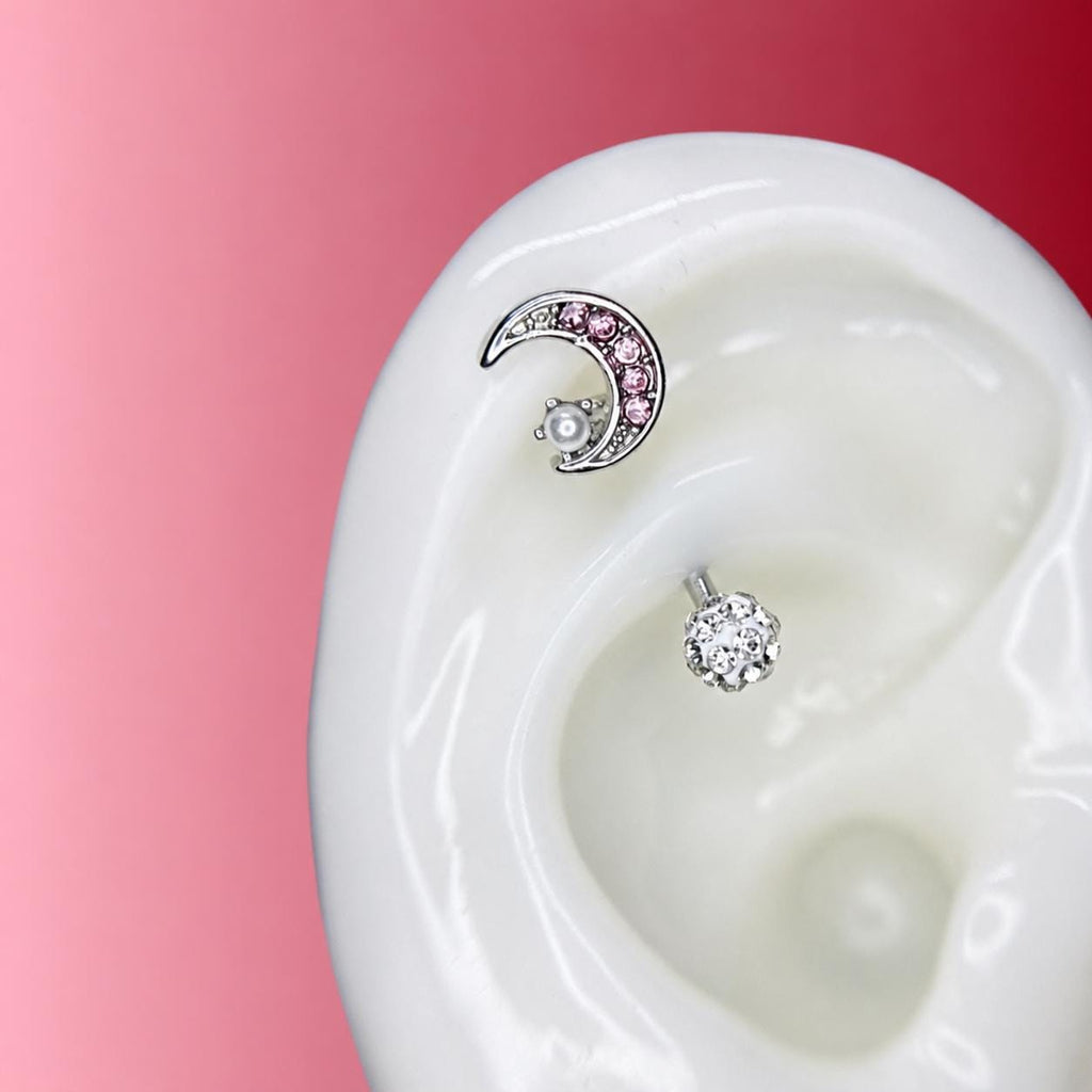 ASTM F136 Titanium Moon Pearl Eyebrow Ring, 16G Straight Barbell, Pink CZ Crescent Brow Piercing Jewelry, Rook Vertical Labret