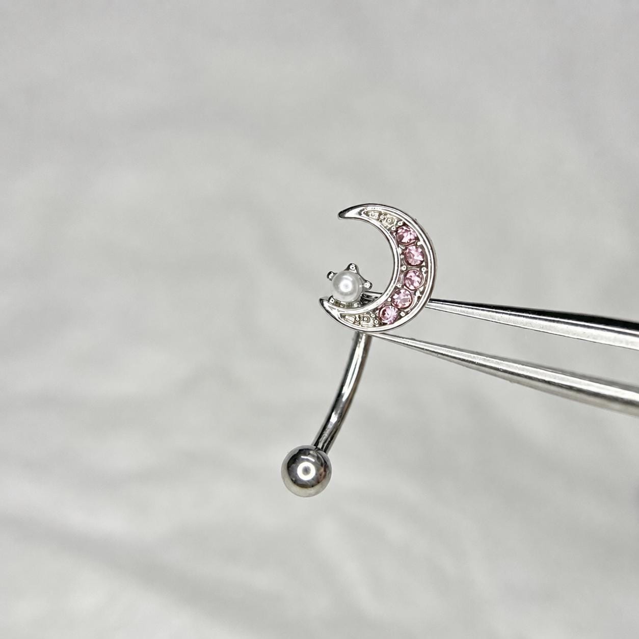 ASTM F136 Titanium Moon Pearl Eyebrow Ring, 16G Straight Barbell, Pink CZ Crescent Brow Piercing Jewelry, Rook Vertical Labret