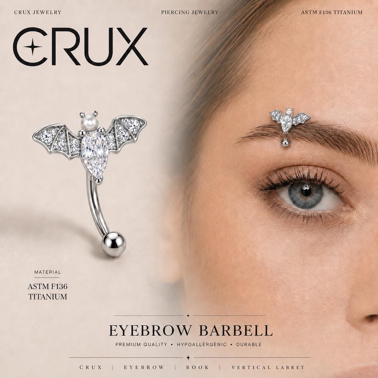 ASTM F136 Titanium Bat Eyebrow Ring, 16G Curved Barbell, Pearl CZ Wing Brow Piercing Jewelry, Gothic Eyebrow Piercing