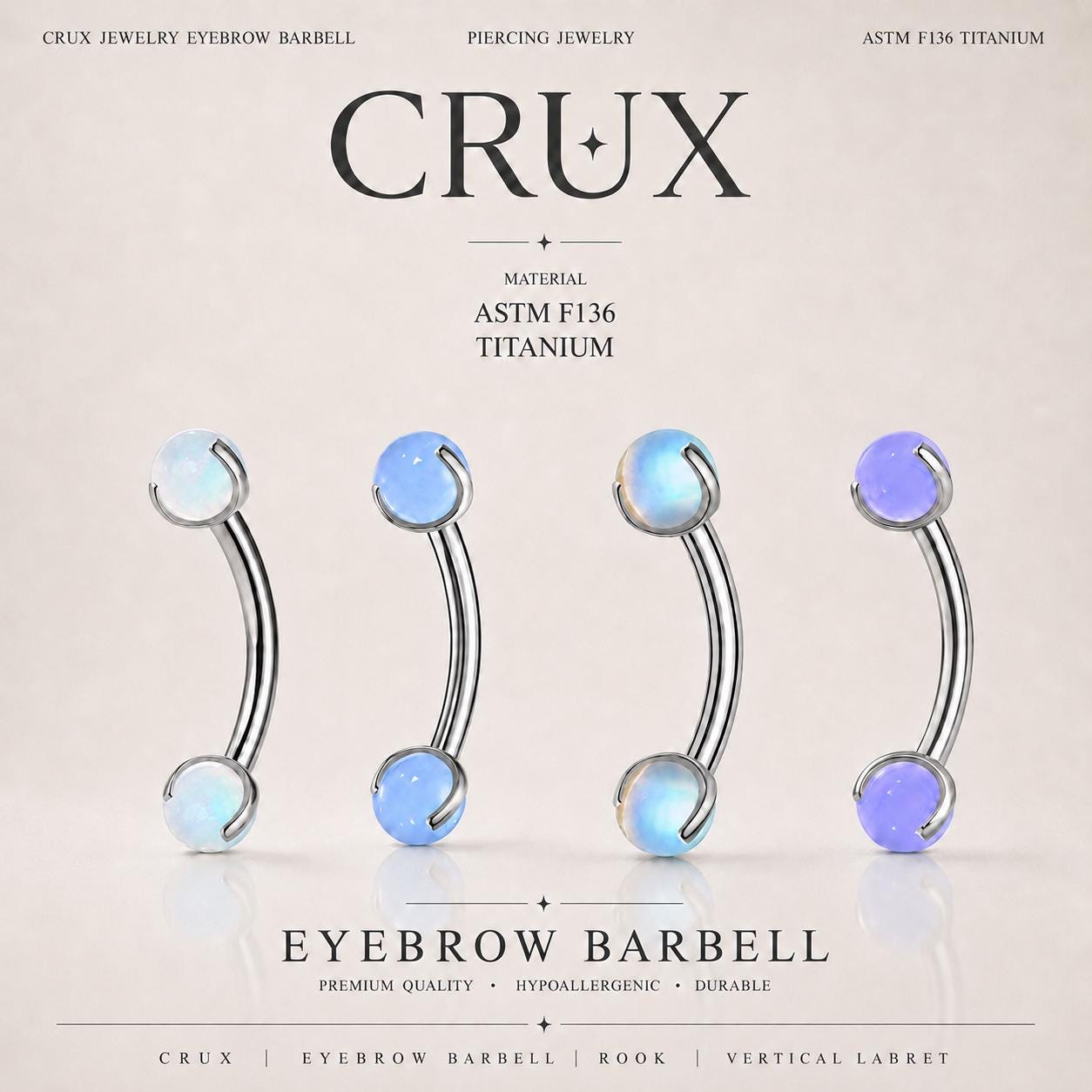 ASTM F136 Titanium Moonstone Eyebrow Ring, 16G Curved Barbell, Opal Ball Brow Piercing Jewelry, Rook Vertical Labret