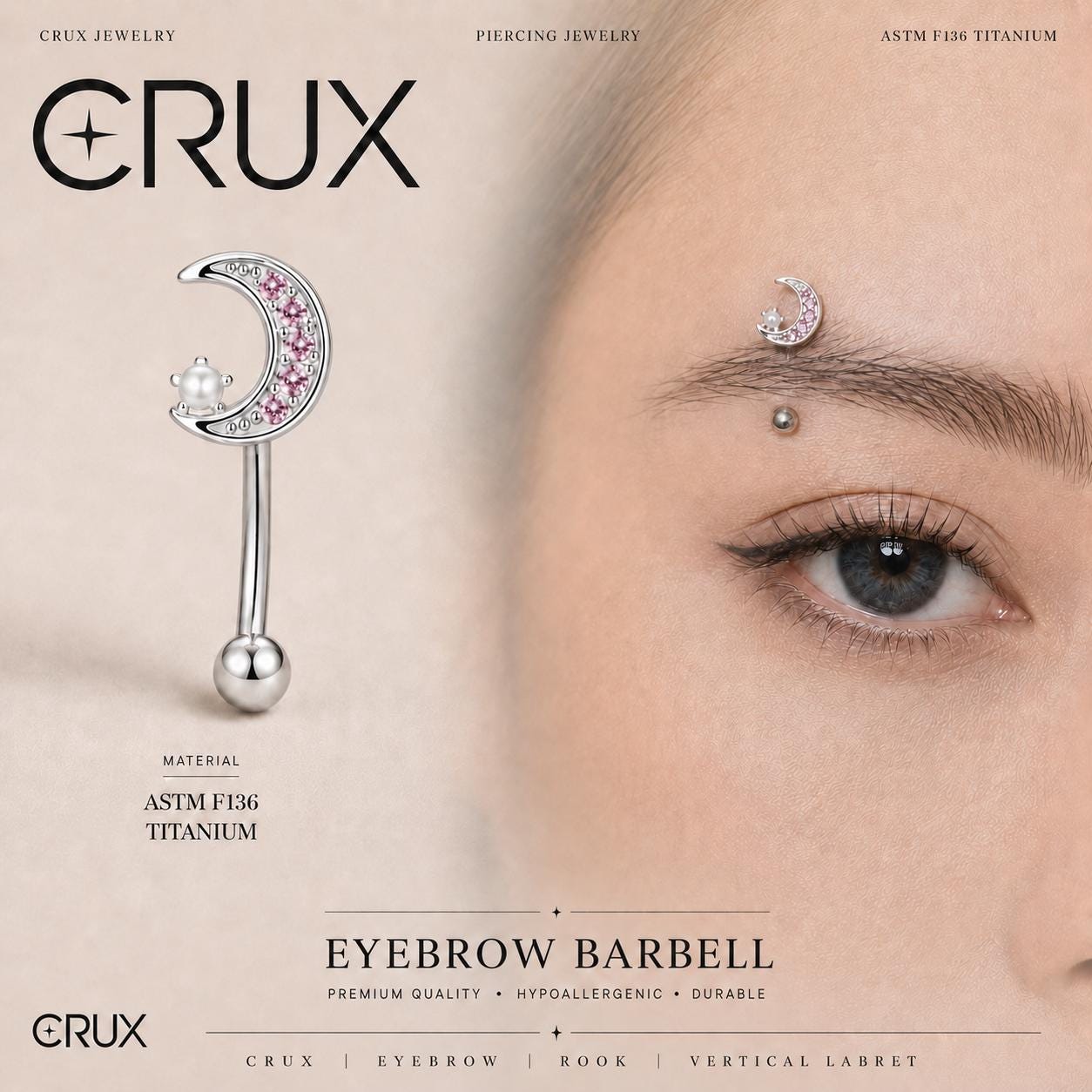 ASTM F136 Titanium Moon Pearl Eyebrow Ring, 16G Straight Barbell, Pink CZ Crescent Brow Piercing Jewelry, Rook Vertical Labret