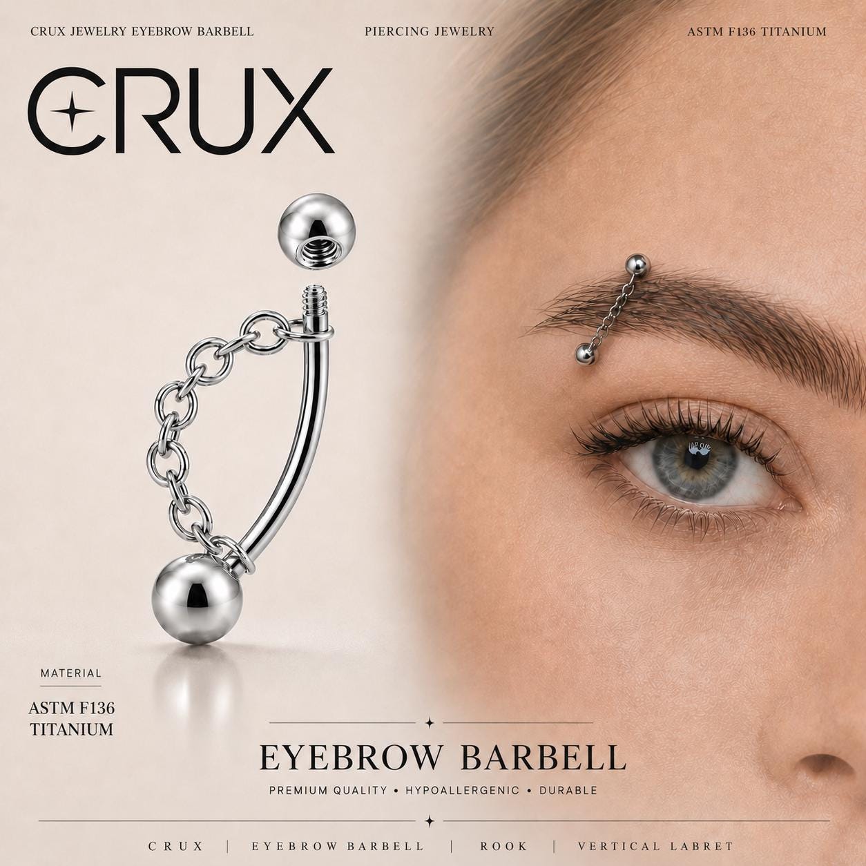 ASTM F136 Titanium Chain Eyebrow Ring, 16G Curved Barbell, Silver Ball Chain Brow Piercing Jewelry, Punk Rook Vertical Labret
