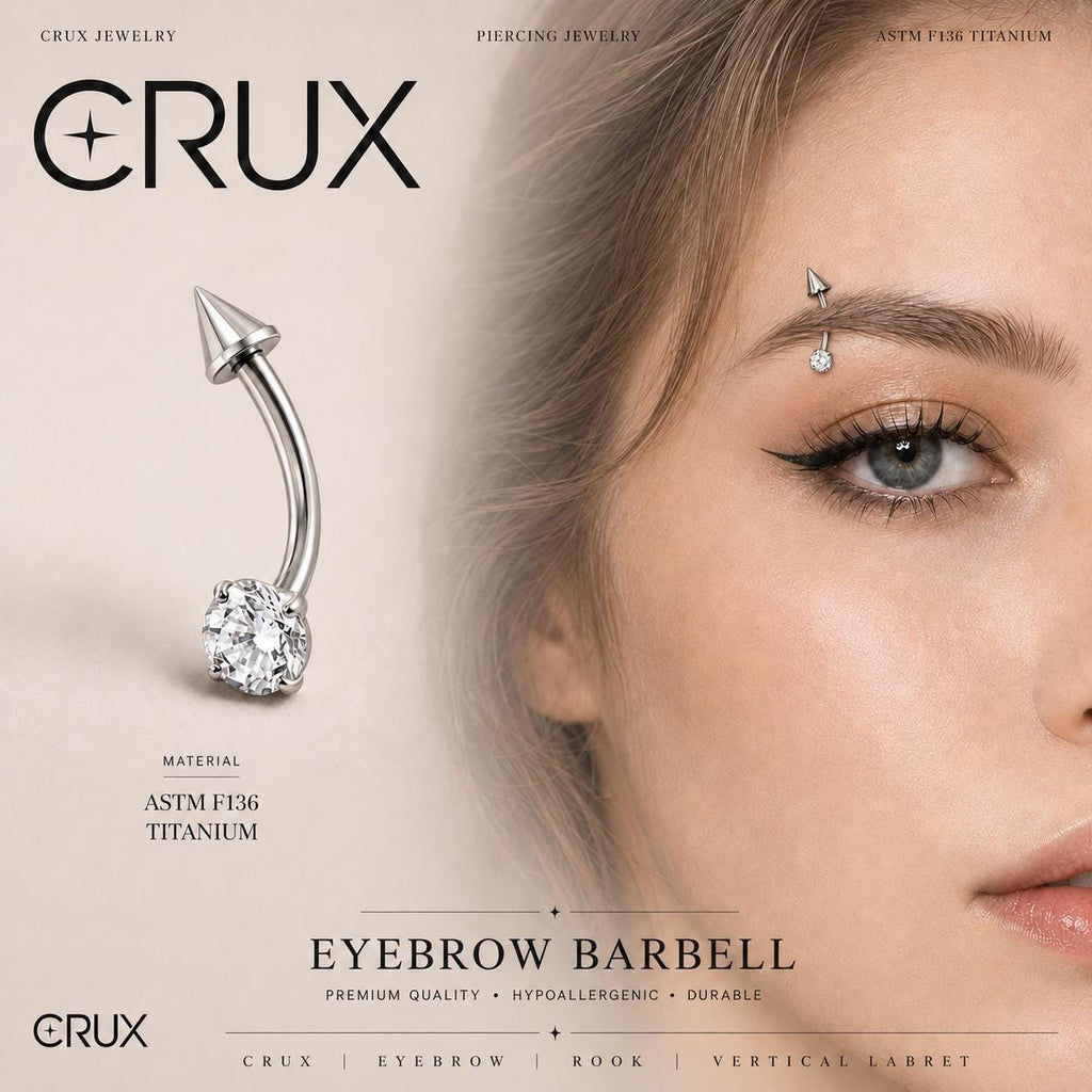 ASTM F136 Titanium Spike CZ Eyebrow Ring, 16G Curved Barbell, Clear Gem Cone Brow Piercing Jewelry, Rook Vertical Labret