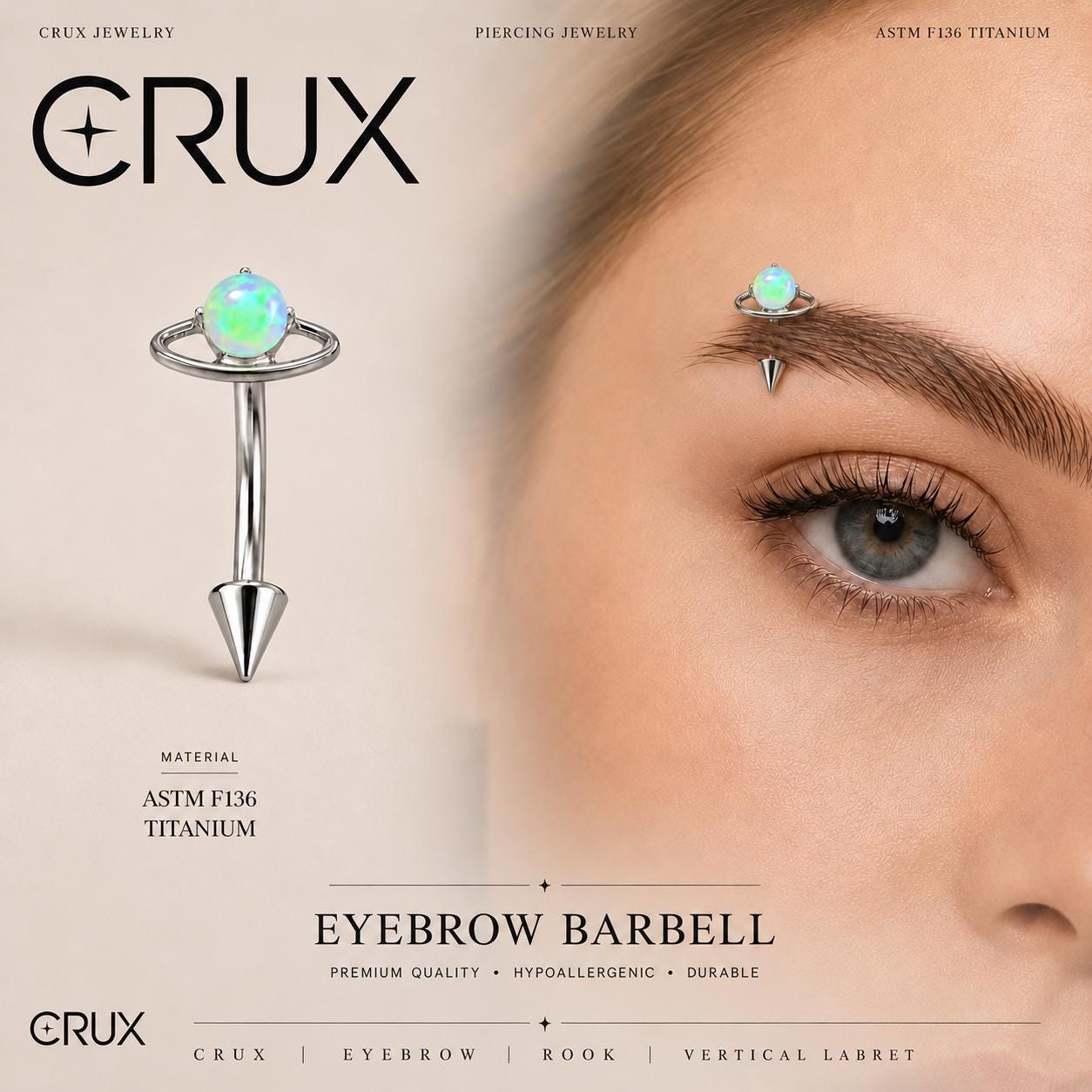 ASTM F136 Titanium Planet Opal Eyebrow Ring, 16G Curved Barbell, Saturn Orbit Cone Spike Brow Piercing Jewelry, Celestial Rook Labret