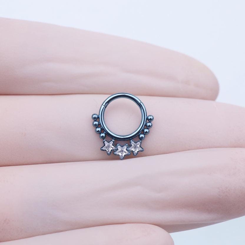 ASTM F136 Titanium Triple Star Septum Ring｜16G Hinged Clicker｜Sparkling CZ Daith Jewelry｜Hypoallergenic｜Helix Conch Rook - Image 4