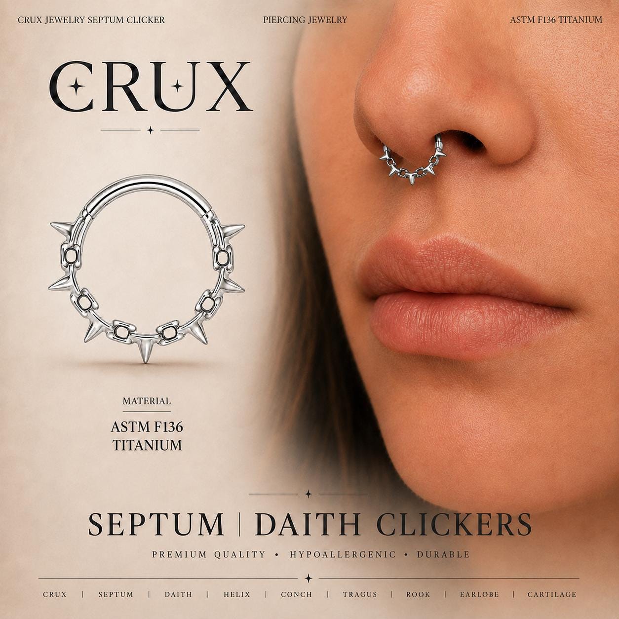 ASTM F136 Titanium Thorn Spike Septum Ring｜16G Hinged Clicker｜Gothic Daith Jewelry｜Hypoallergenic｜Helix Conch Rook Cartilage