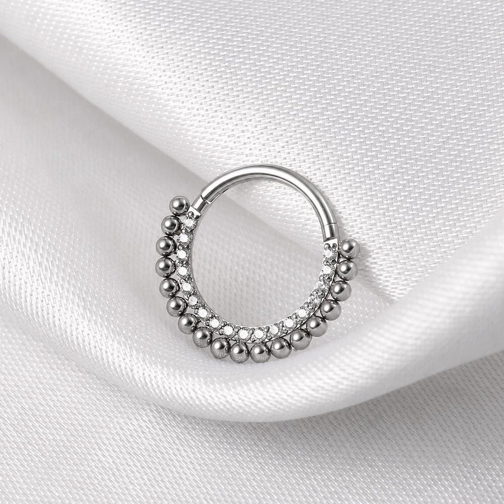 ASTM F136 Titanium Beaded CZ Septum Ring｜16G Hinged Clicker｜Sparkling Daith Jewelry｜Hypoallergenic｜Helix Conch Rook Cartilage - Image 5