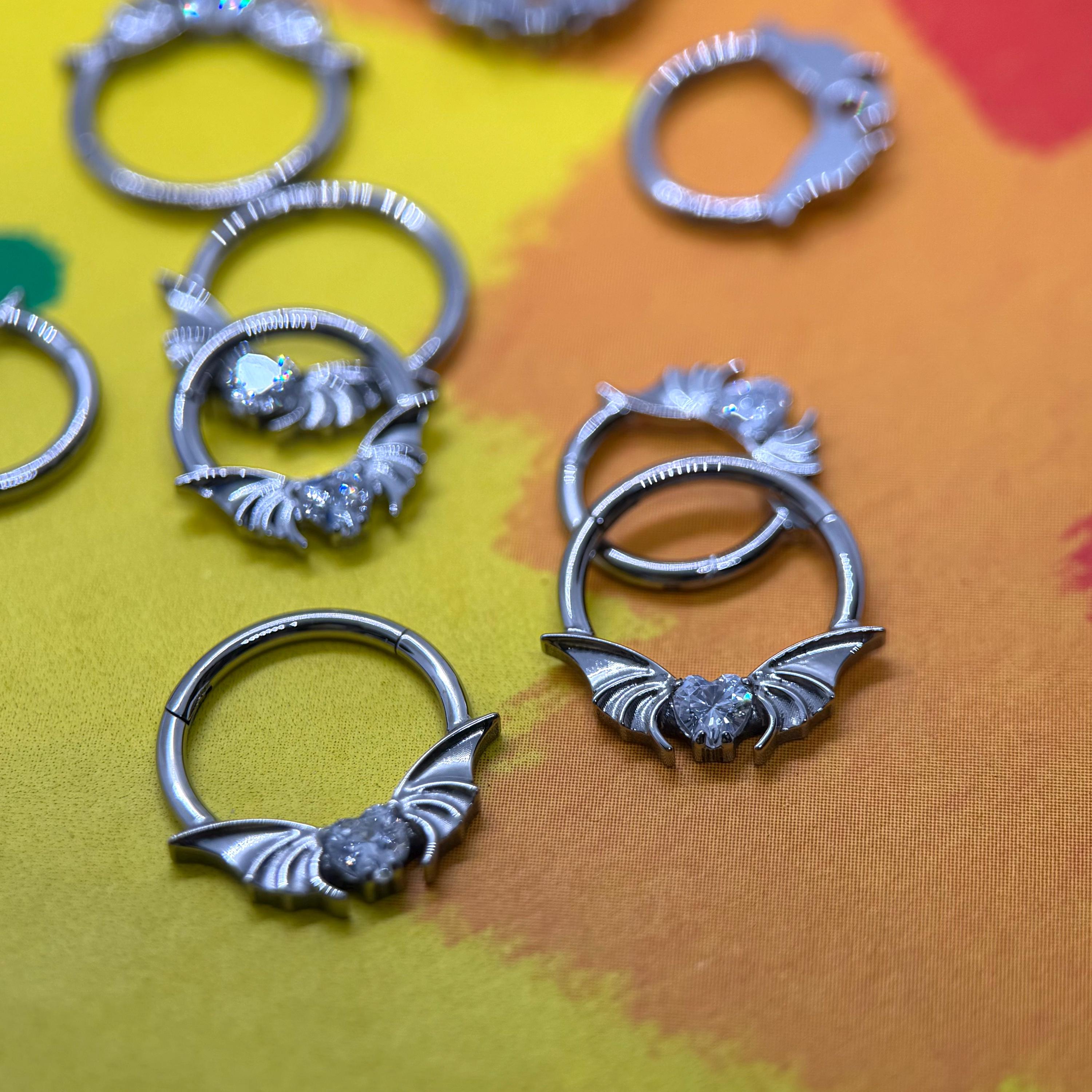 ASTM F136 Titanium Bat Wing Heart Septum Ring｜16G Hinged Clicker｜Gothic CZ Daith Jewelry｜Hypoallergenic｜Helix Conch Rook Cartilage - Image 5