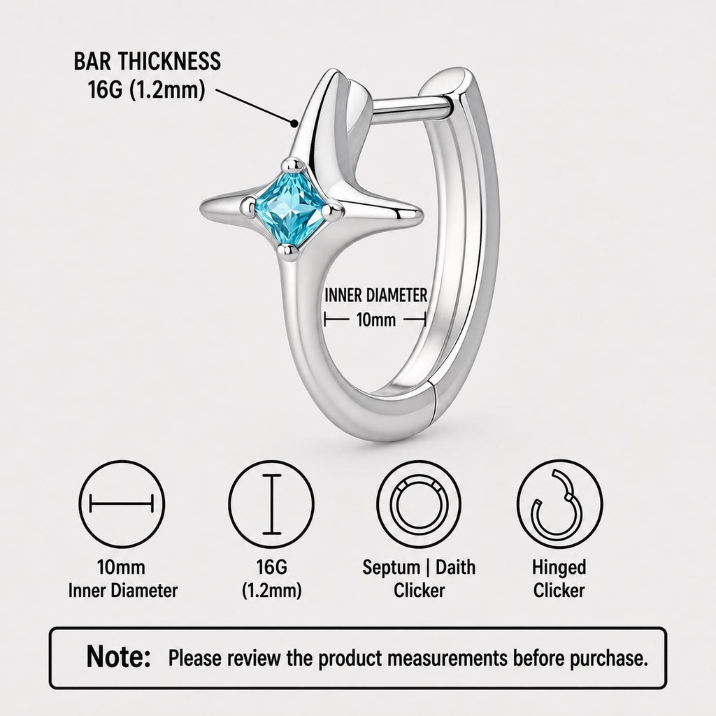 ASTM F136 Titanium North Star Septum Ring｜16G Hinged Clicker｜Blue CZ Daith Jewelry｜Hypoallergenic｜Helix Conch Rook Cartilage - Image 7