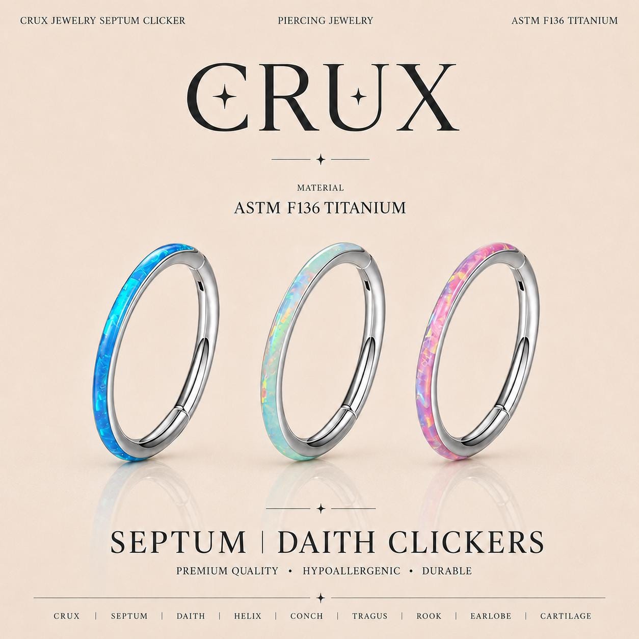 ASTM F136 Titanium Opal Septum Ring｜16G Hinged Clicker｜Colorful Opal Daith Jewelry｜Hypoallergenic｜Helix Conch Rook Cartilage