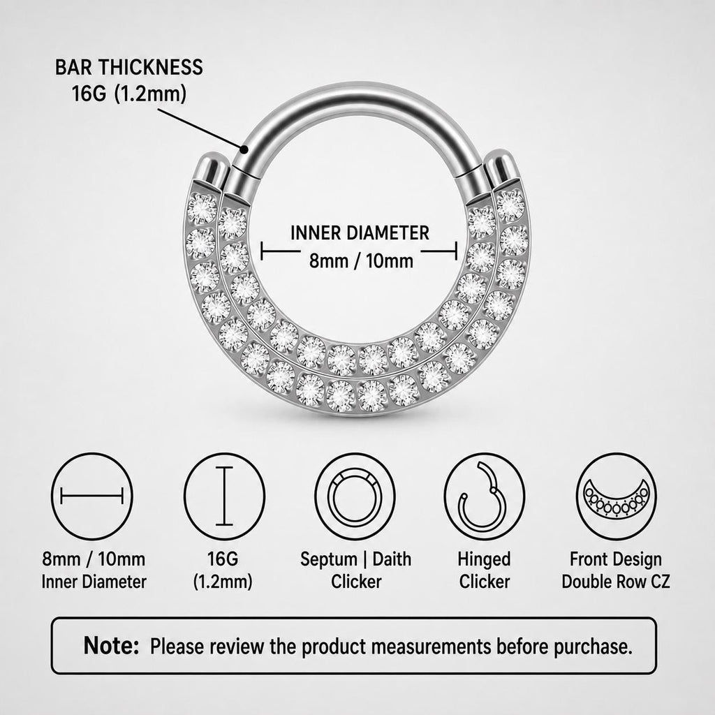 ASTM F136 Titanium Pavé CZ Septum Ring｜16G Double Row Hinged Clicker｜Sparkling Daith Jewelry｜Hypoallergenic｜Helix Conch Rook Cartilage - Image 8