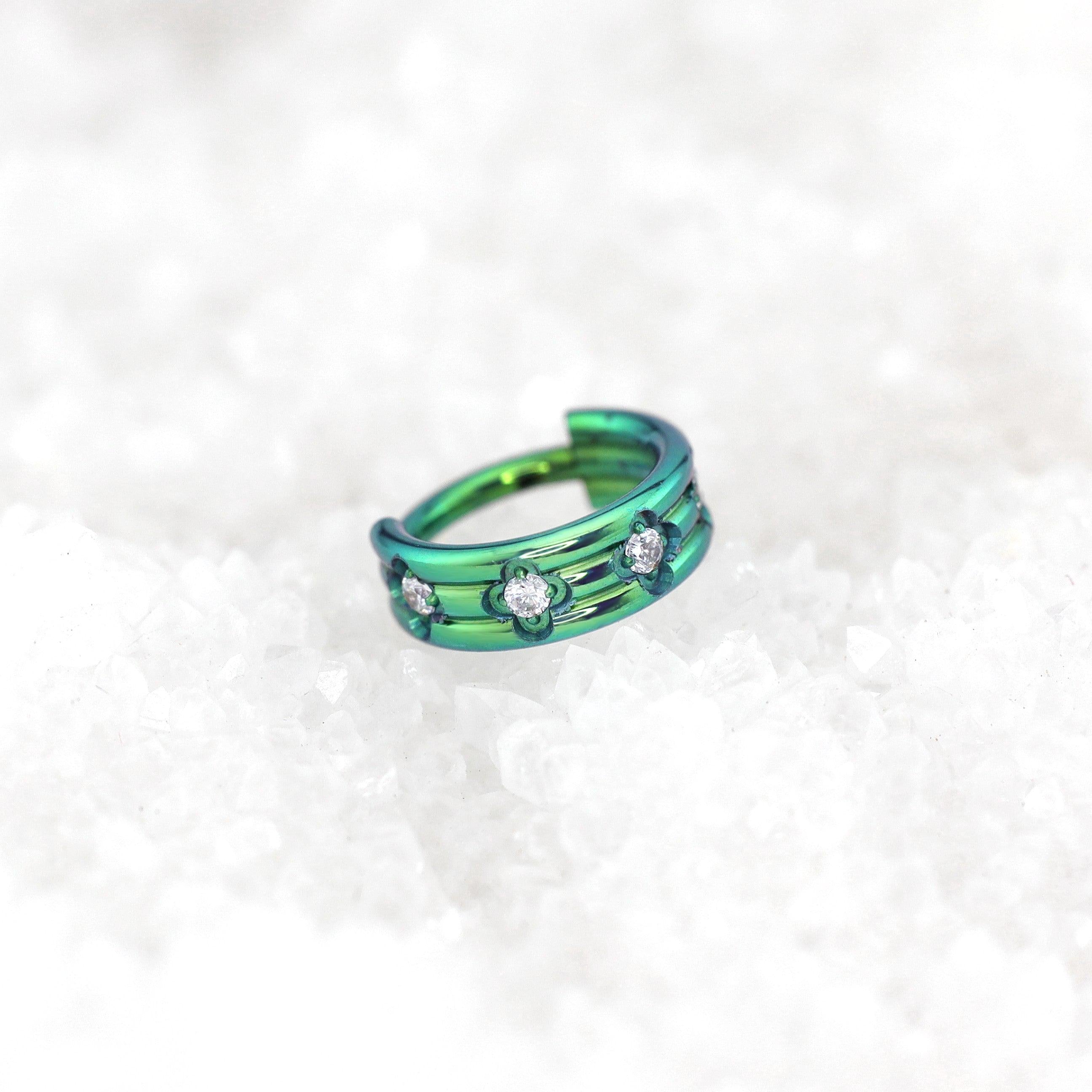 ASTM F136 Titanium Four-Leaf Clover Septum Ring｜16G Hinged Clicker｜Sparkling CZ Daith Jewelry｜Hypoallergenic｜Helix Conch Rook Cartilage - Image 4