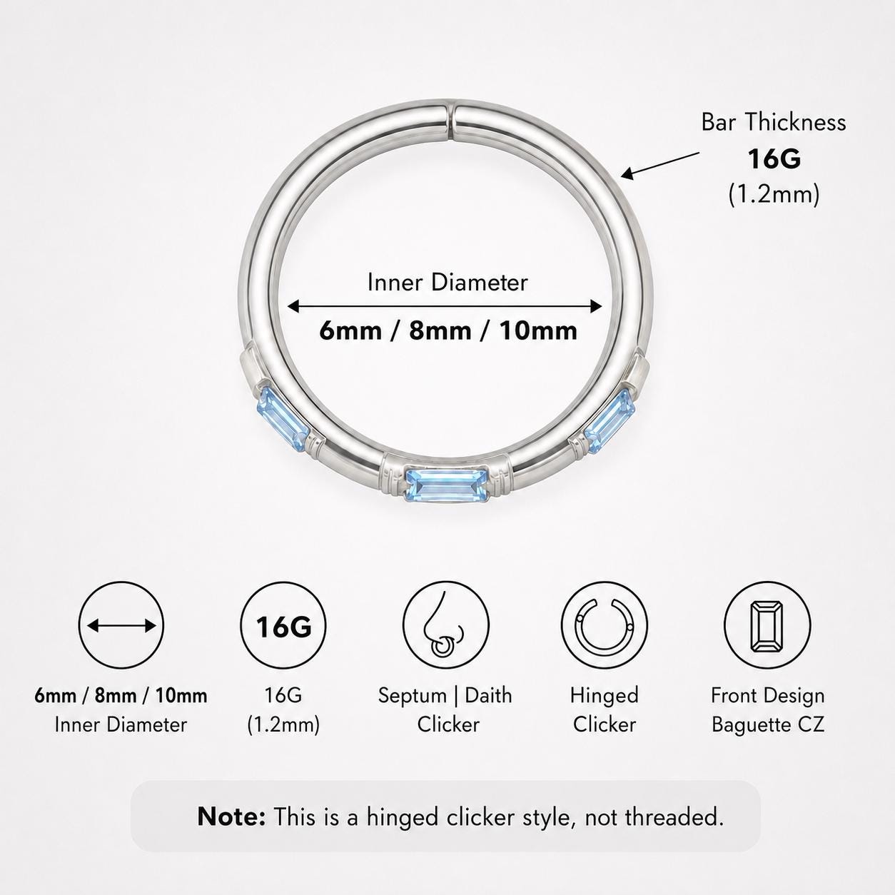 ASTM F136 Titanium Baguette CZ Septum Ring｜16G Hinged Clicker｜Colorful Crystal Daith Jewelry｜Hypoallergenic｜Helix Conch Rook - Image 7