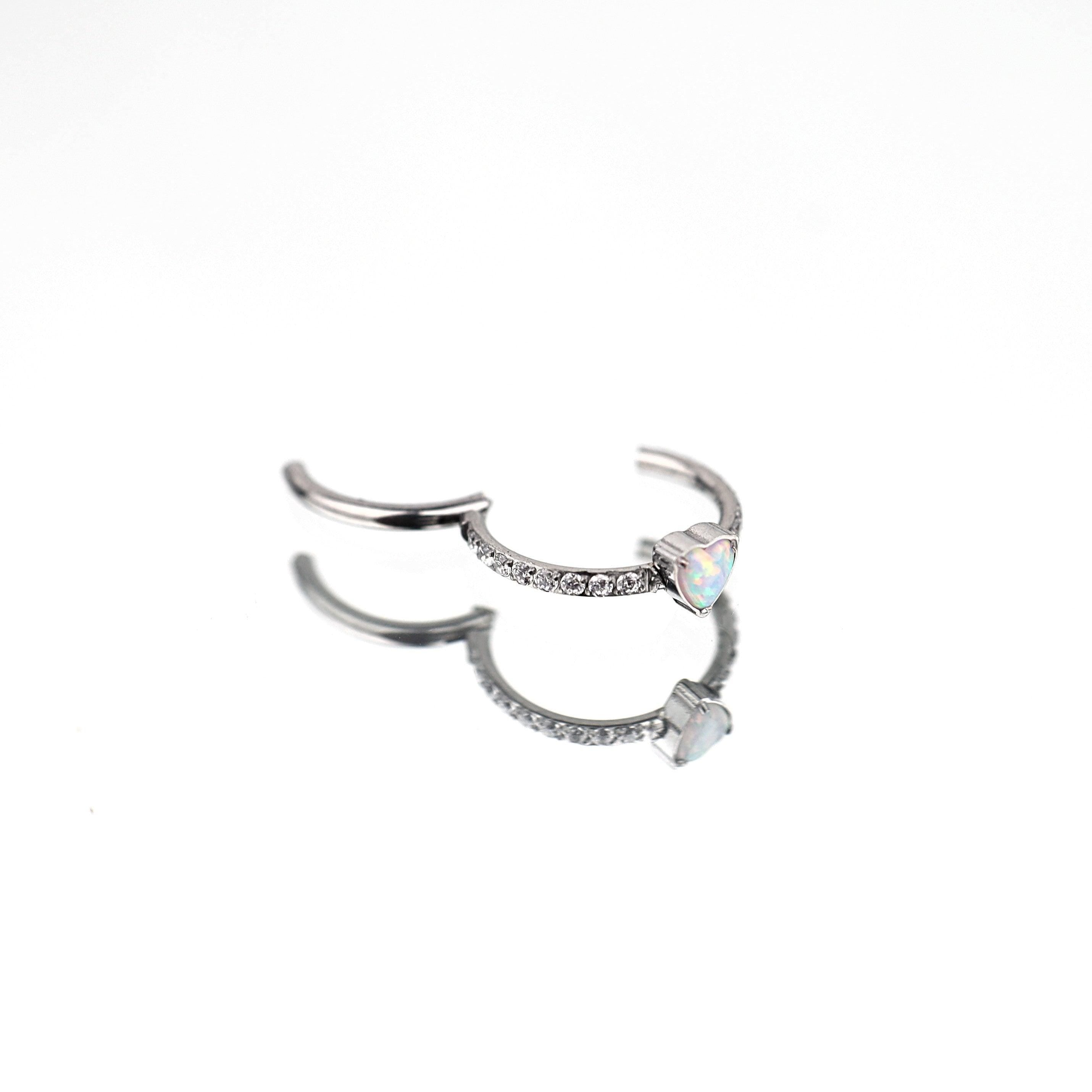 ASTM F136 Titanium Opal Heart Septum Ring｜16G Hinged Clicker｜Sparkling CZ Daith Jewelry｜Hypoallergenic｜Helix Conch Rook Cartilage - Image 3