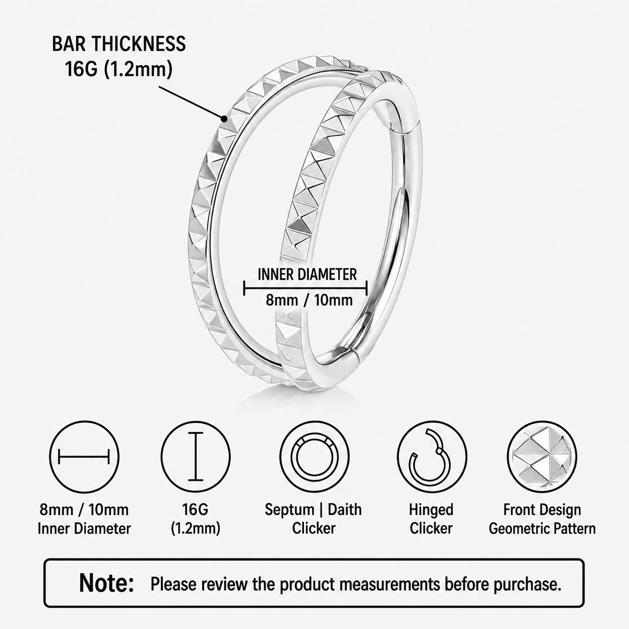 ASTM F136 Titanium Double Hoop Studded Septum Ring｜16G Hinged Clicker｜Punk Daith Jewelry｜Hypoallergenic｜Helix Conch Rook Cartilage - Image 9