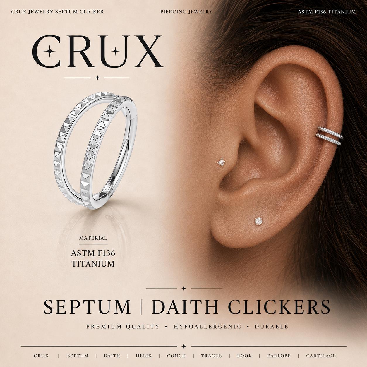 ASTM F136 Titanium Double Hoop Studded Septum Ring｜16G Hinged Clicker｜Punk Daith Jewelry｜Hypoallergenic｜Helix Conch Rook Cartilage