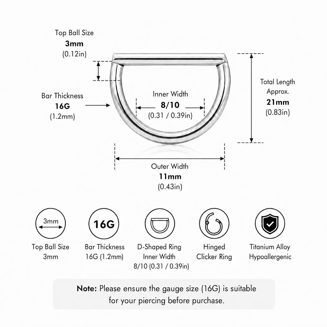 ASTM F136 Titanium D Shape Septum Ring｜16G Hinged Clicker｜Minimalist Daith Jewelry｜Hypoallergenic｜Helix Conch Rook Cartilage - Image 7