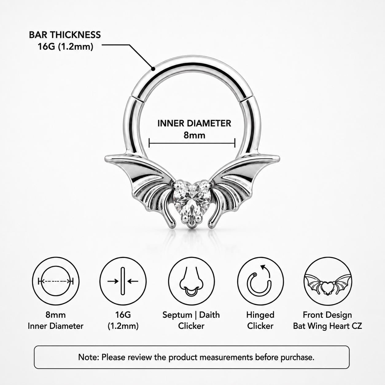 ASTM F136 Titanium Bat Wing Heart Septum Ring｜16G Hinged Clicker｜Gothic CZ Daith Jewelry｜Hypoallergenic｜Helix Conch Rook Cartilage - Image 8