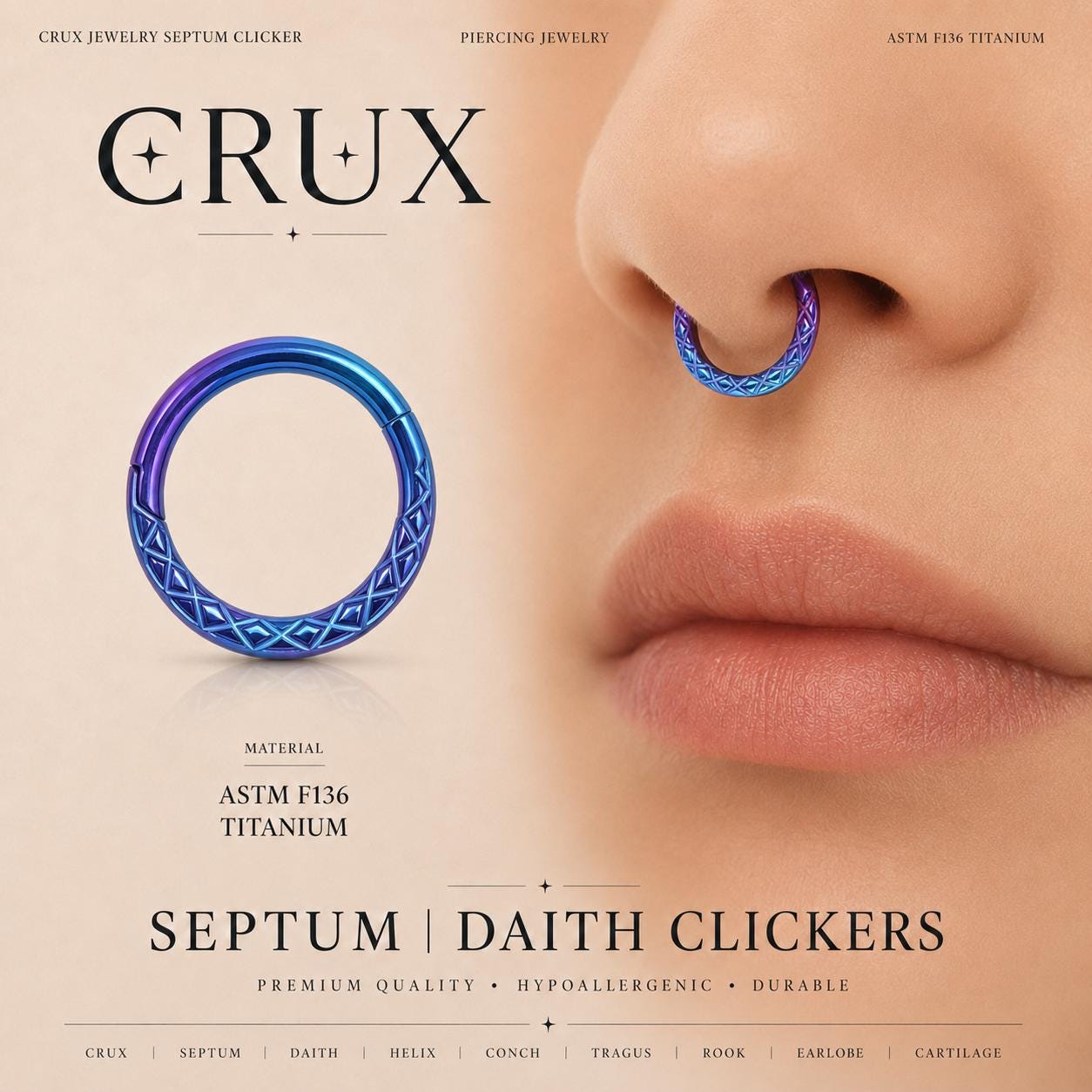 ASTM F136 Titanium Faceted Rainbow Septum Ring｜16G Hinged Clicker｜Iridescent Daith Jewelry｜Hypoallergenic｜Helix Conch Rook