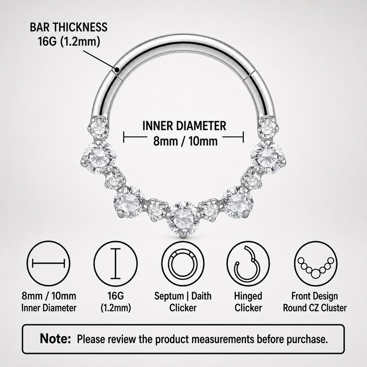 ASTM F136 Titanium Graduated CZ Septum Ring｜16G Hinged Clicker｜Sparkling Daith Jewelry｜Hypoallergenic｜Helix Conch Rook Cartilage - Image 7