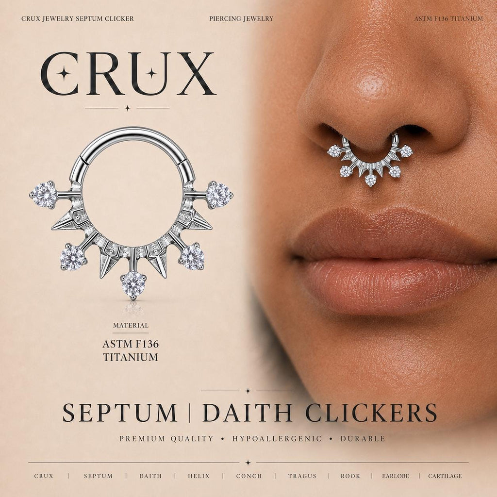 ASTM F136 Titanium Spike CZ Septum Ring｜16G Hinged Clicker｜Gothic Daith Jewelry｜Hypoallergenic｜Helix Conch Rook Cartilage