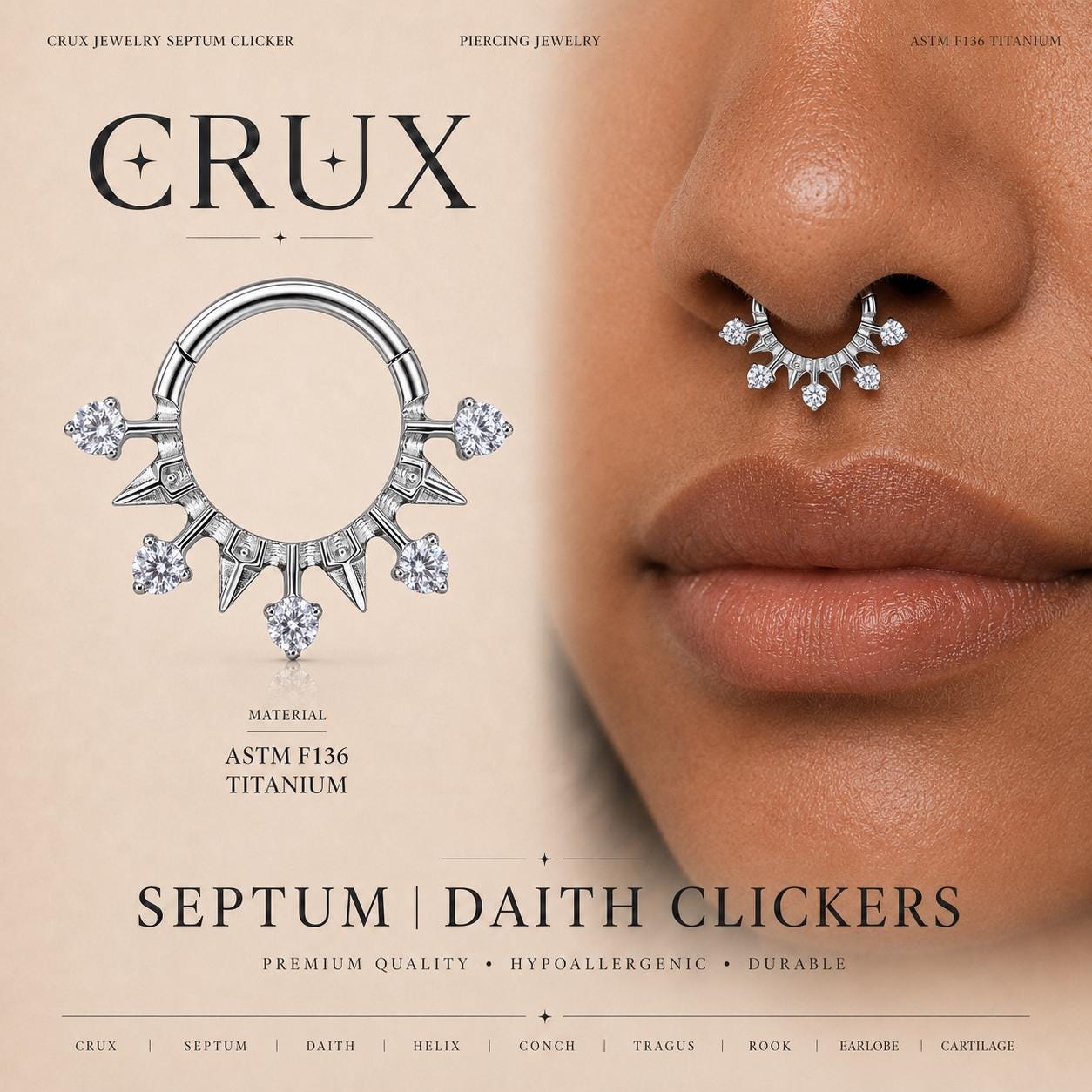 ASTM F136 Titanium Spike CZ Septum Ring｜16G Hinged Clicker｜Gothic Daith Jewelry｜Hypoallergenic｜Helix Conch Rook Cartilage