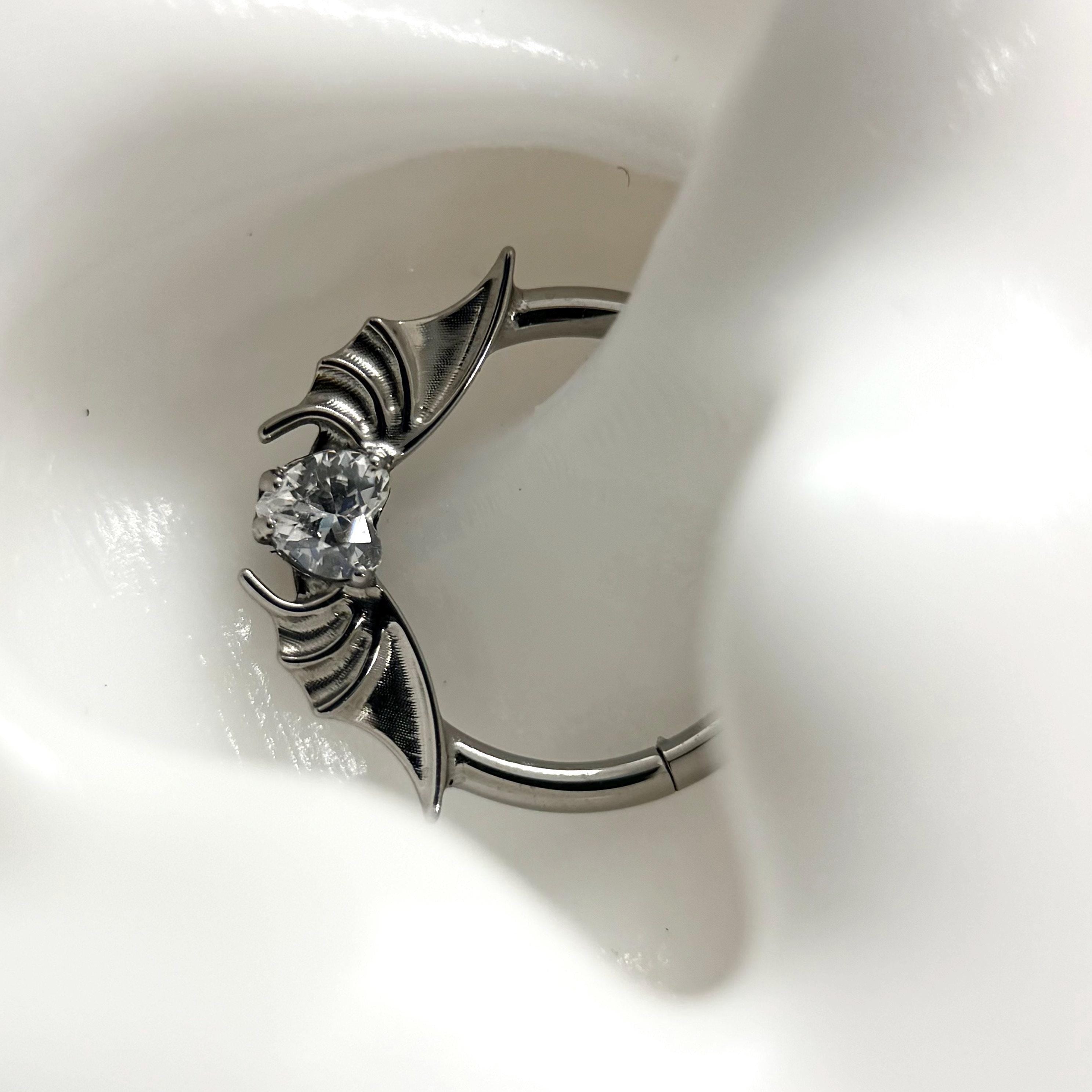 ASTM F136 Titanium Bat Wing Heart Septum Ring｜16G Hinged Clicker｜Gothic CZ Daith Jewelry｜Hypoallergenic｜Helix Conch Rook Cartilage - Image 3