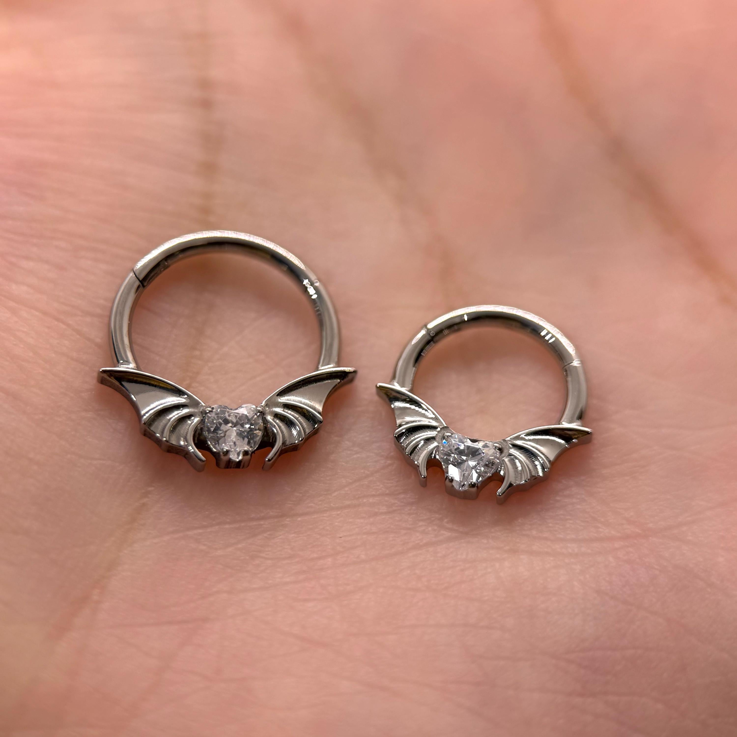 ASTM F136 Titanium Bat Wing Heart Septum Ring｜16G Hinged Clicker｜Gothic CZ Daith Jewelry｜Hypoallergenic｜Helix Conch Rook Cartilage - Image 4