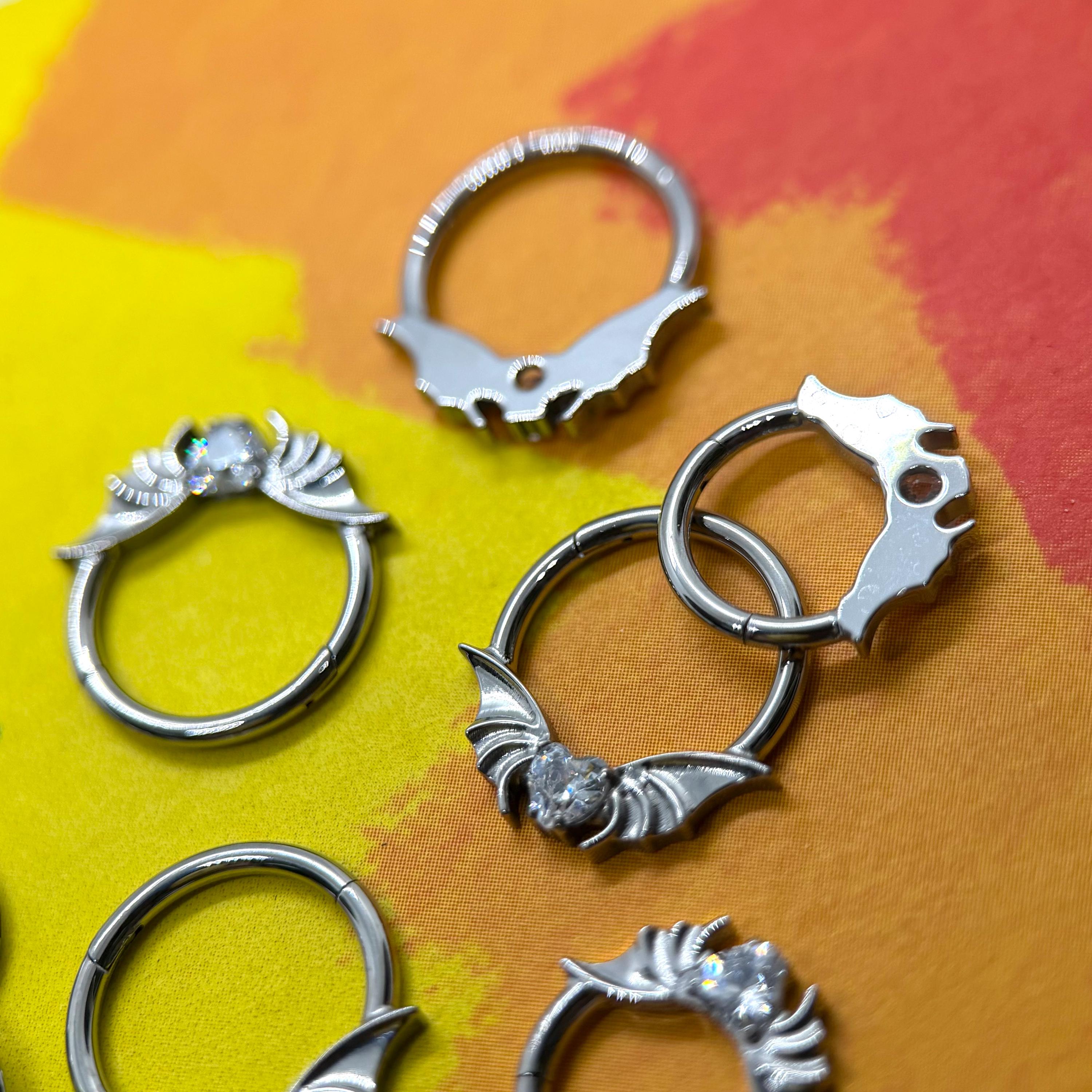 ASTM F136 Titanium Bat Wing Heart Septum Ring｜16G Hinged Clicker｜Gothic CZ Daith Jewelry｜Hypoallergenic｜Helix Conch Rook Cartilage - Image 6