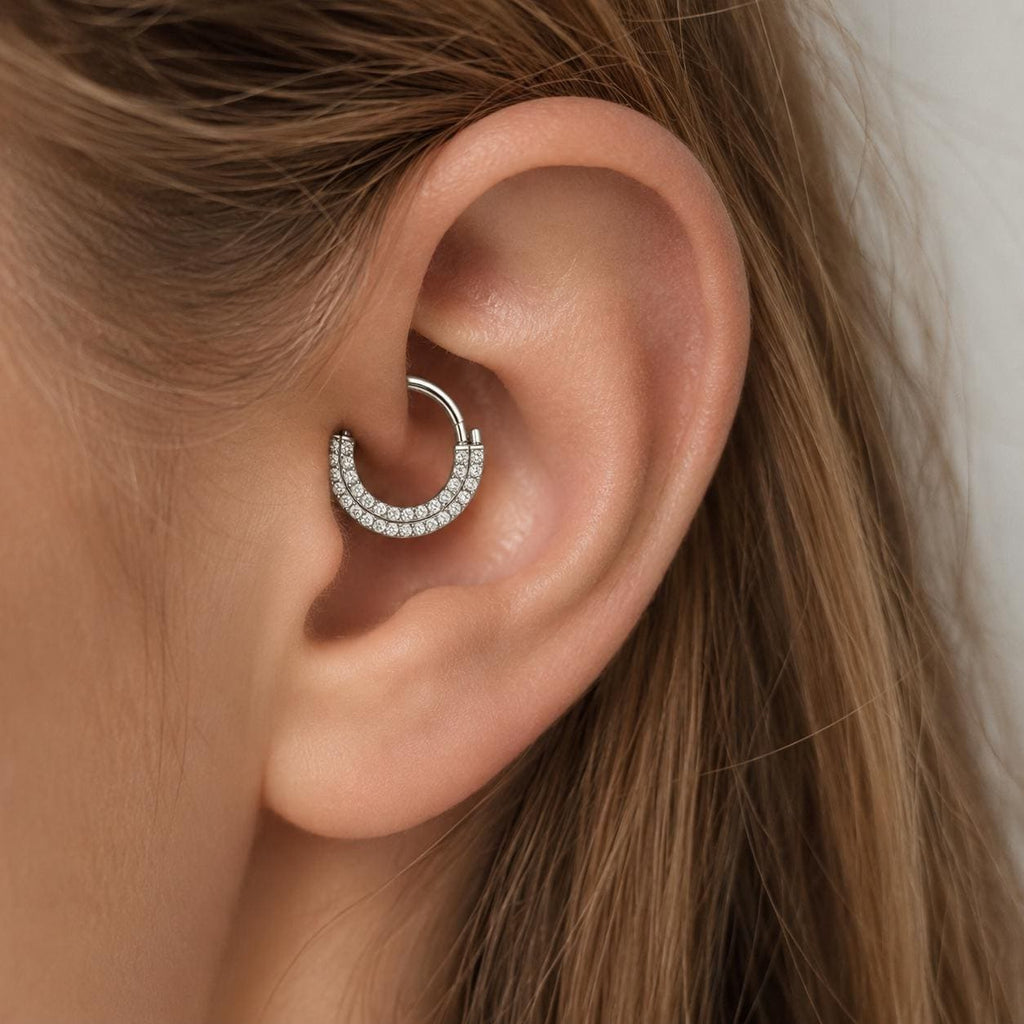 ASTM F136 Titanium Pavé CZ Septum Ring｜16G Double Row Hinged Clicker｜Sparkling Daith Jewelry｜Hypoallergenic｜Helix Conch Rook Cartilage - Image 2