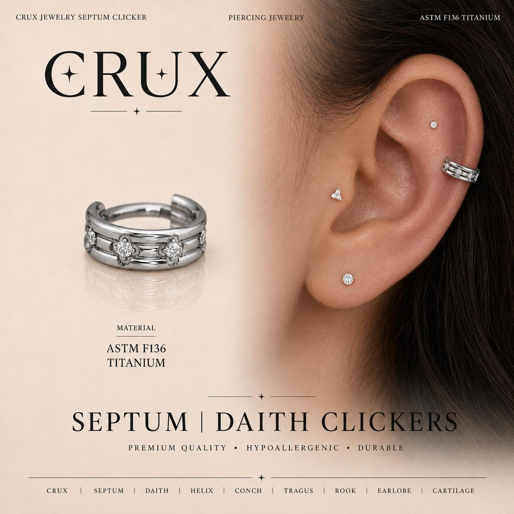 ASTM F136 Titanium Four-Leaf Clover Septum Ring｜16G Hinged Clicker｜Sparkling CZ Daith Jewelry｜Hypoallergenic｜Helix Conch Rook Cartilage