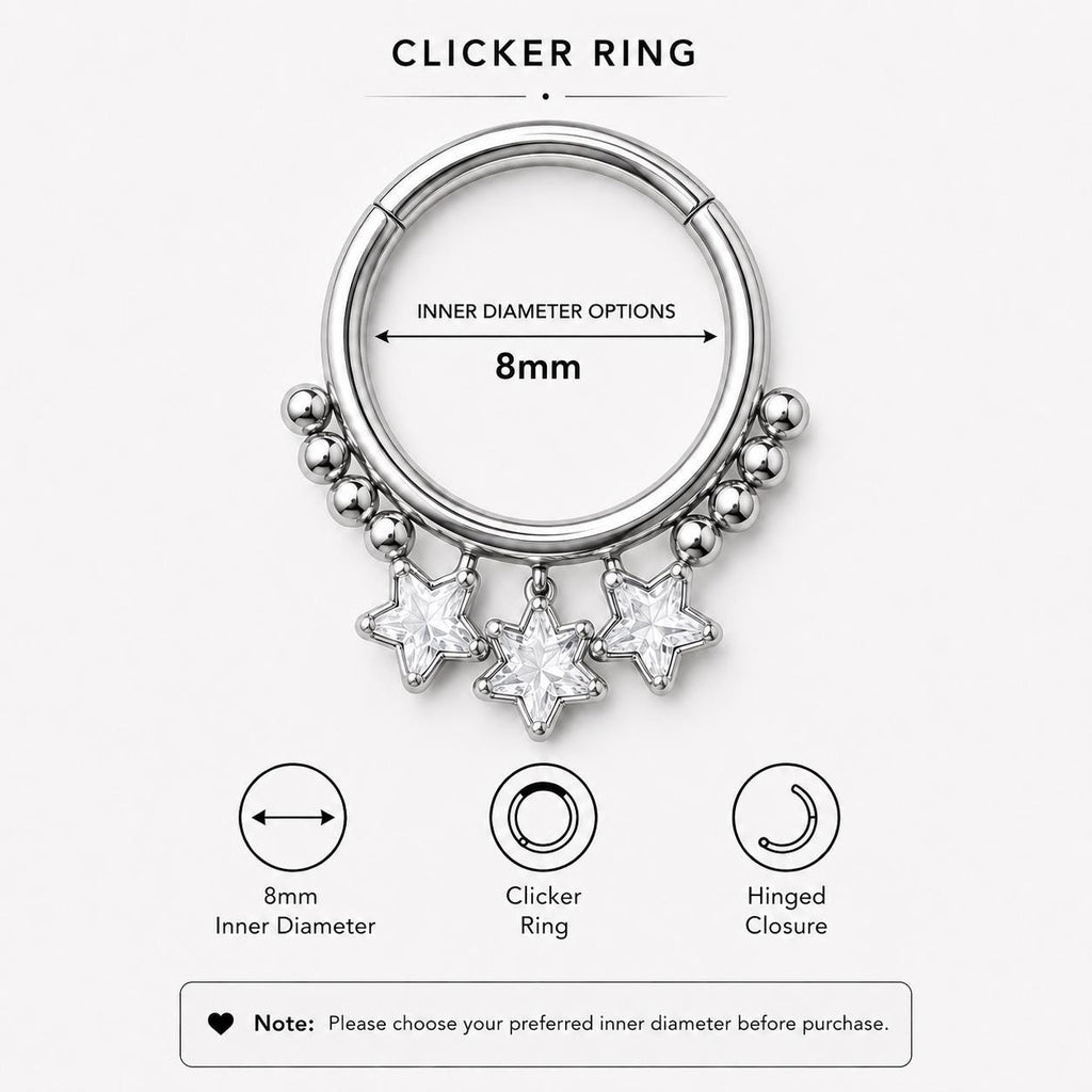ASTM F136 Titanium Triple Star Septum Ring｜16G Hinged Clicker｜Sparkling CZ Daith Jewelry｜Hypoallergenic｜Helix Conch Rook - Image 8