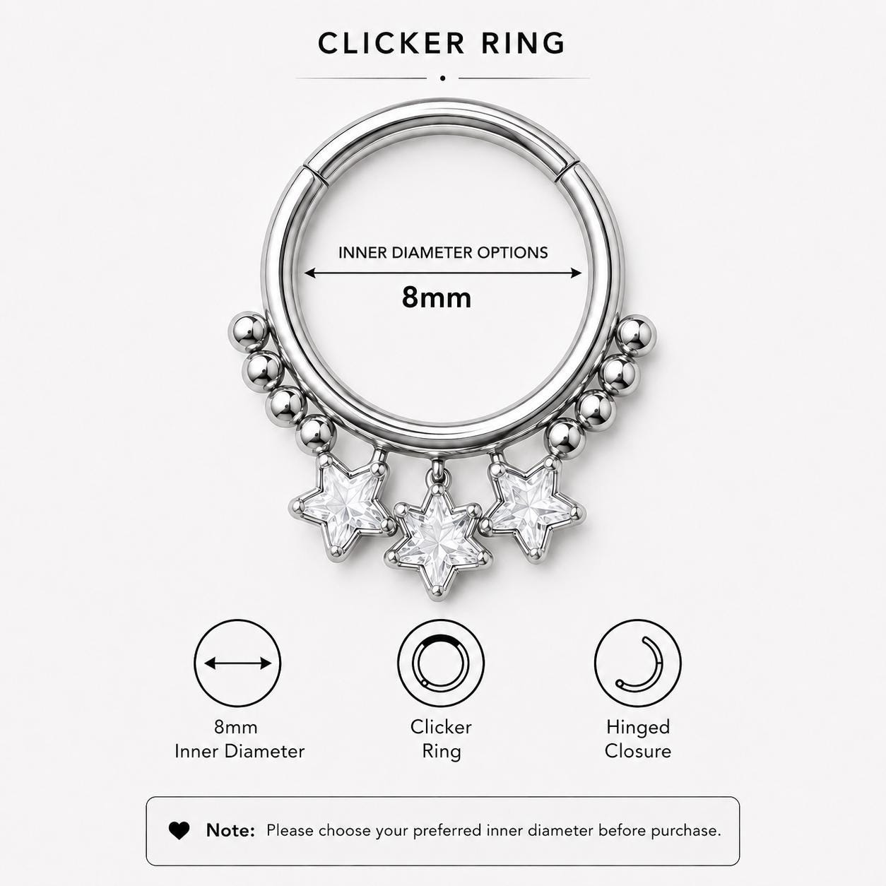 ASTM F136 Titanium Triple Star Septum Ring｜16G Hinged Clicker｜Sparkling CZ Daith Jewelry｜Hypoallergenic｜Helix Conch Rook - Image 8
