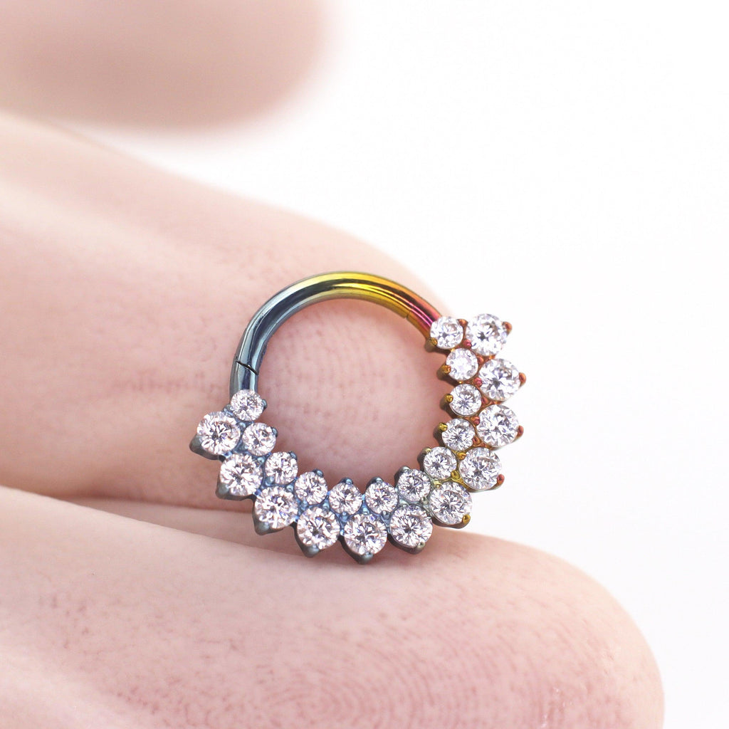 ASTM F136 Titanium Rainbow CZ Septum Ring｜16G Double Row Hinged Clicker｜Sparkling Daith Jewelry｜Hypoallergenic｜Helix Conch Rook Cartilage - Image 3