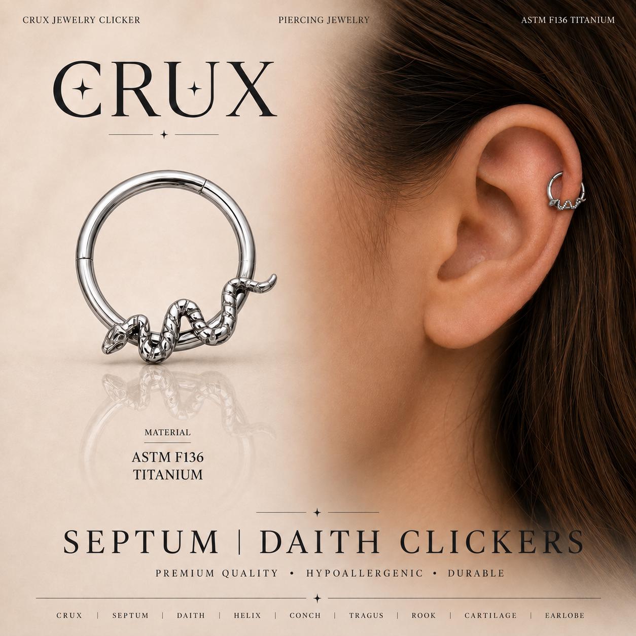 ASTM F136 Titanium Snake Septum Ring｜16G Hinged Clicker｜Serpent Daith Jewelry｜Hypoallergenic｜Helix Conch Rook Cartilage