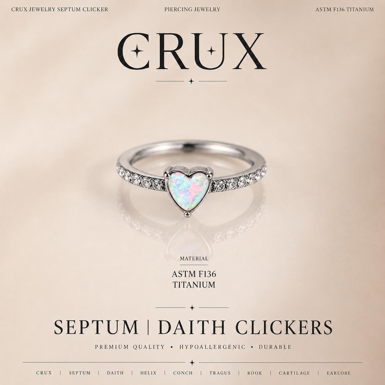 ASTM F136 Titanium Opal Heart Septum Ring｜16G Hinged Clicker｜Sparkling CZ Daith Jewelry｜Hypoallergenic｜Helix Conch Rook Cartilage
