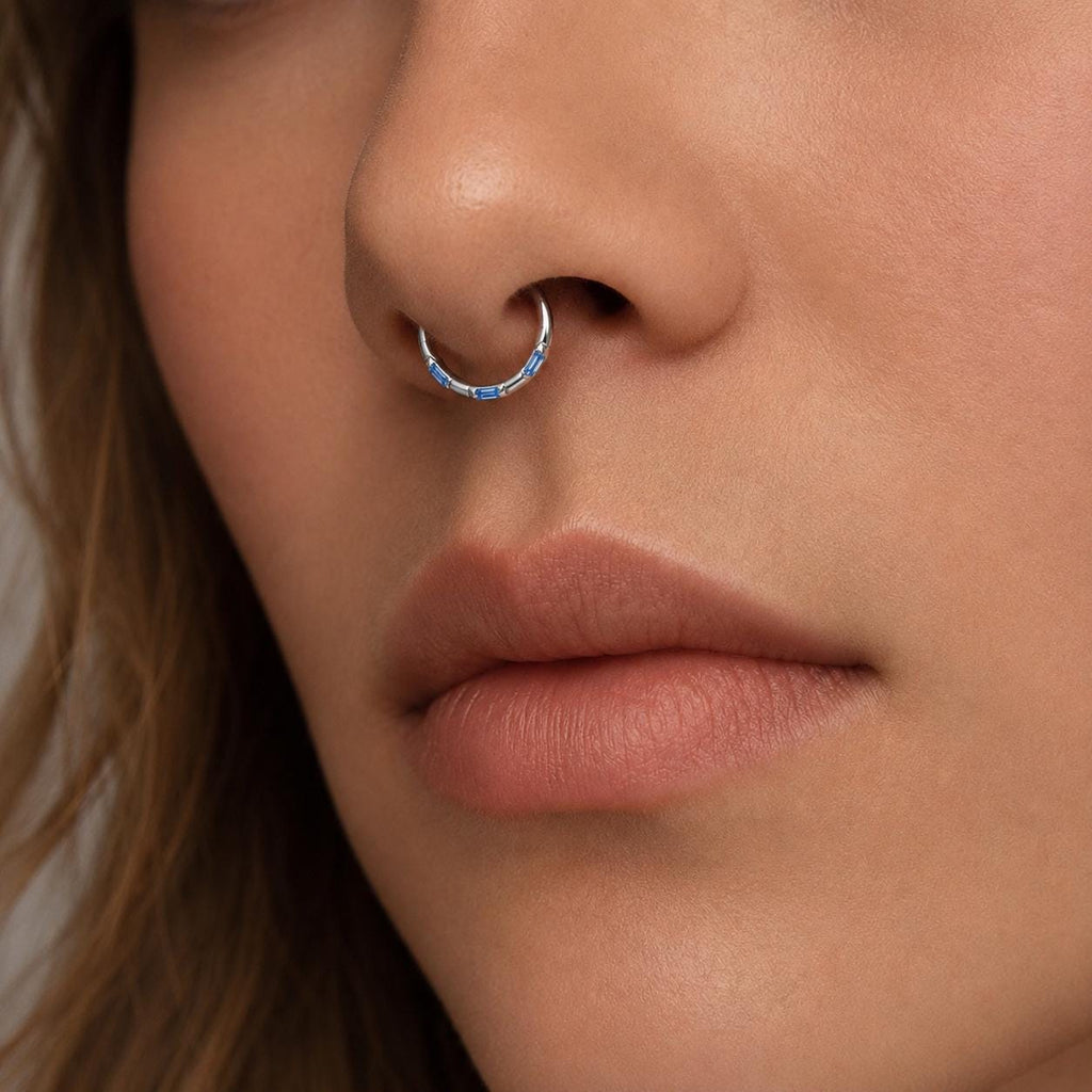 ASTM F136 Titanium Baguette CZ Septum Ring｜16G Hinged Clicker｜Colorful Crystal Daith Jewelry｜Hypoallergenic｜Helix Conch Rook - Image 2