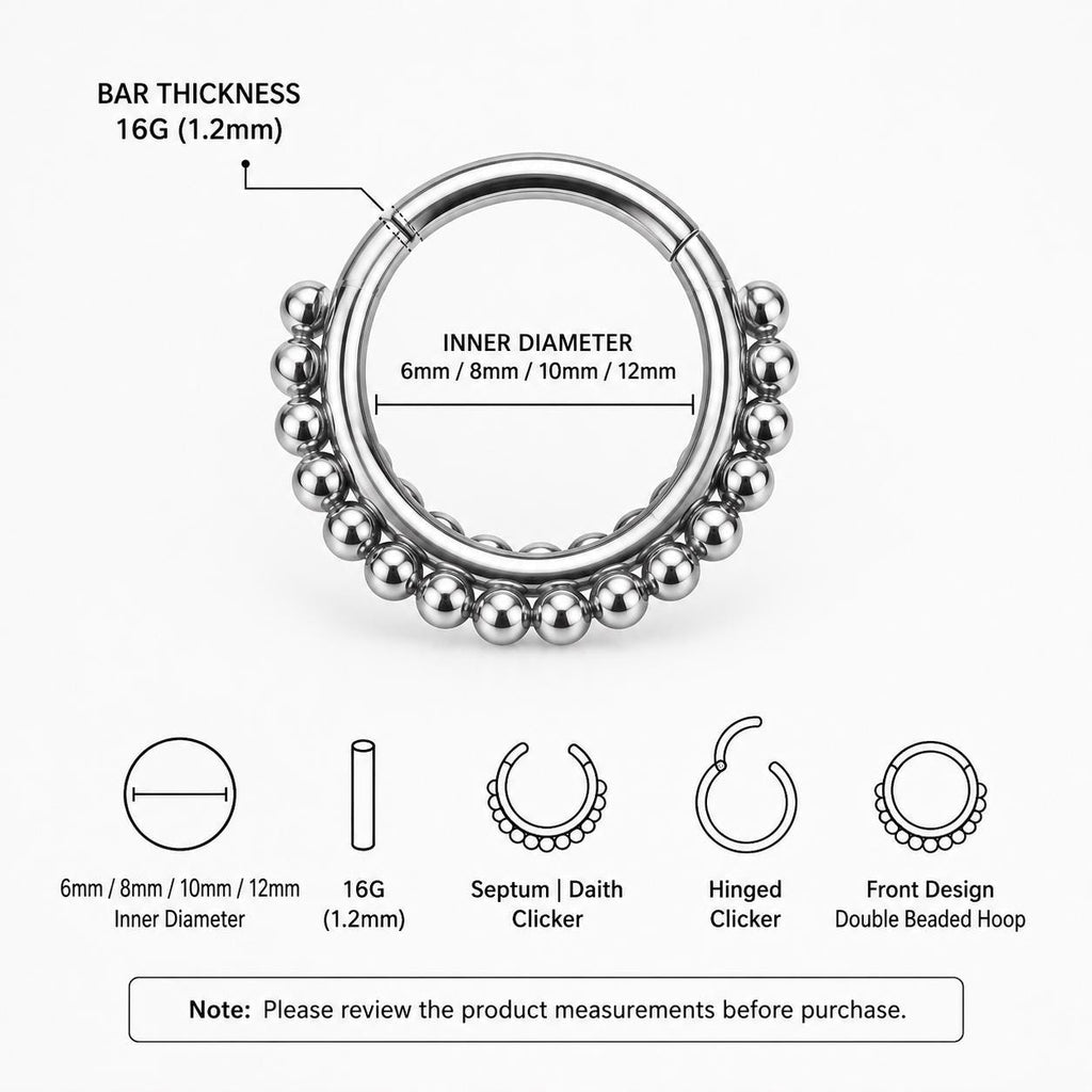 ASTM F136 Titanium Double Hoop Beaded Septum Ring｜16G Hinged Clicker｜Stacked Bead Daith Jewelry｜Hypoallergenic｜Helix Conch Rook Cartilage - Image 9
