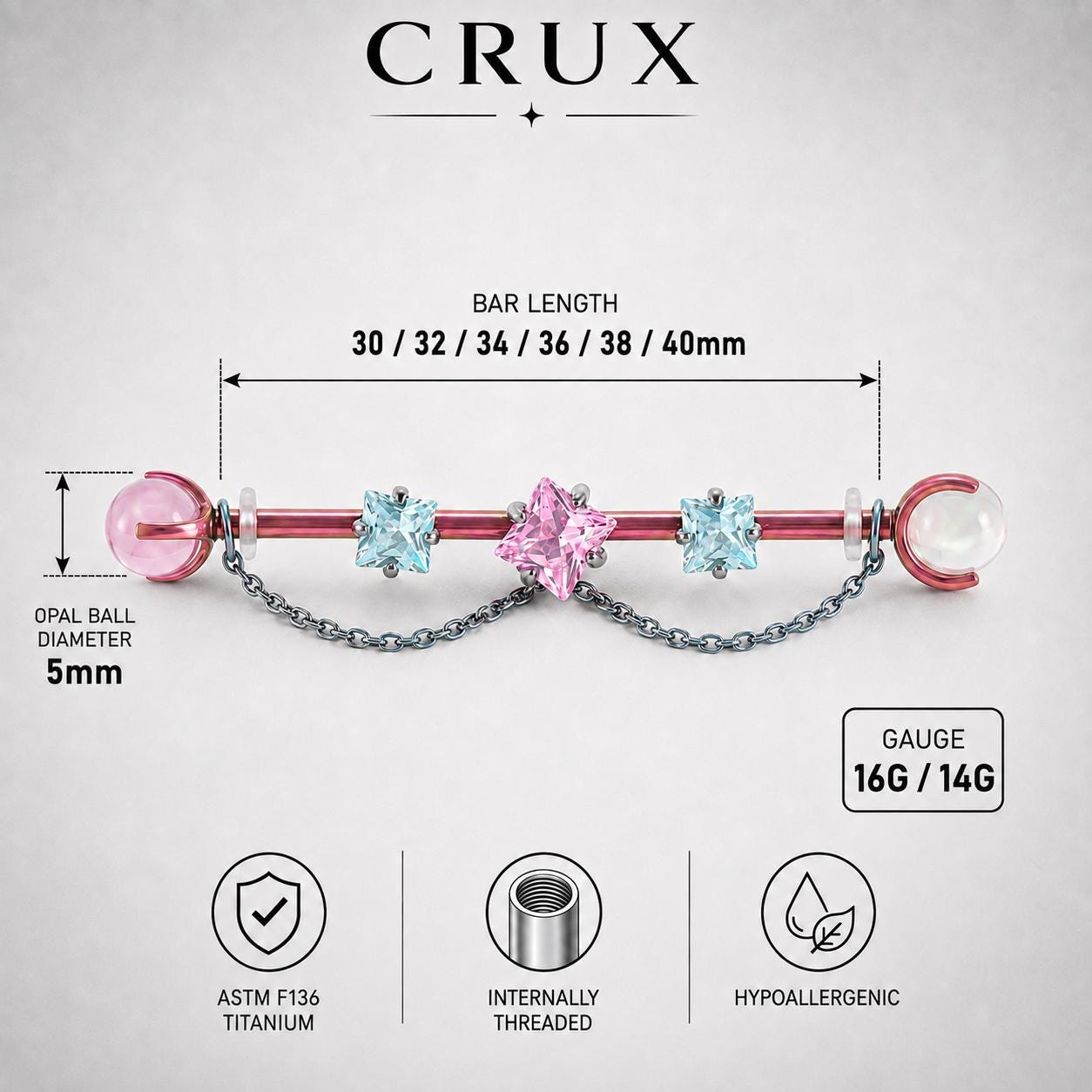 Sugar Cube Star Chain titanium industrial barbell, detail view 6