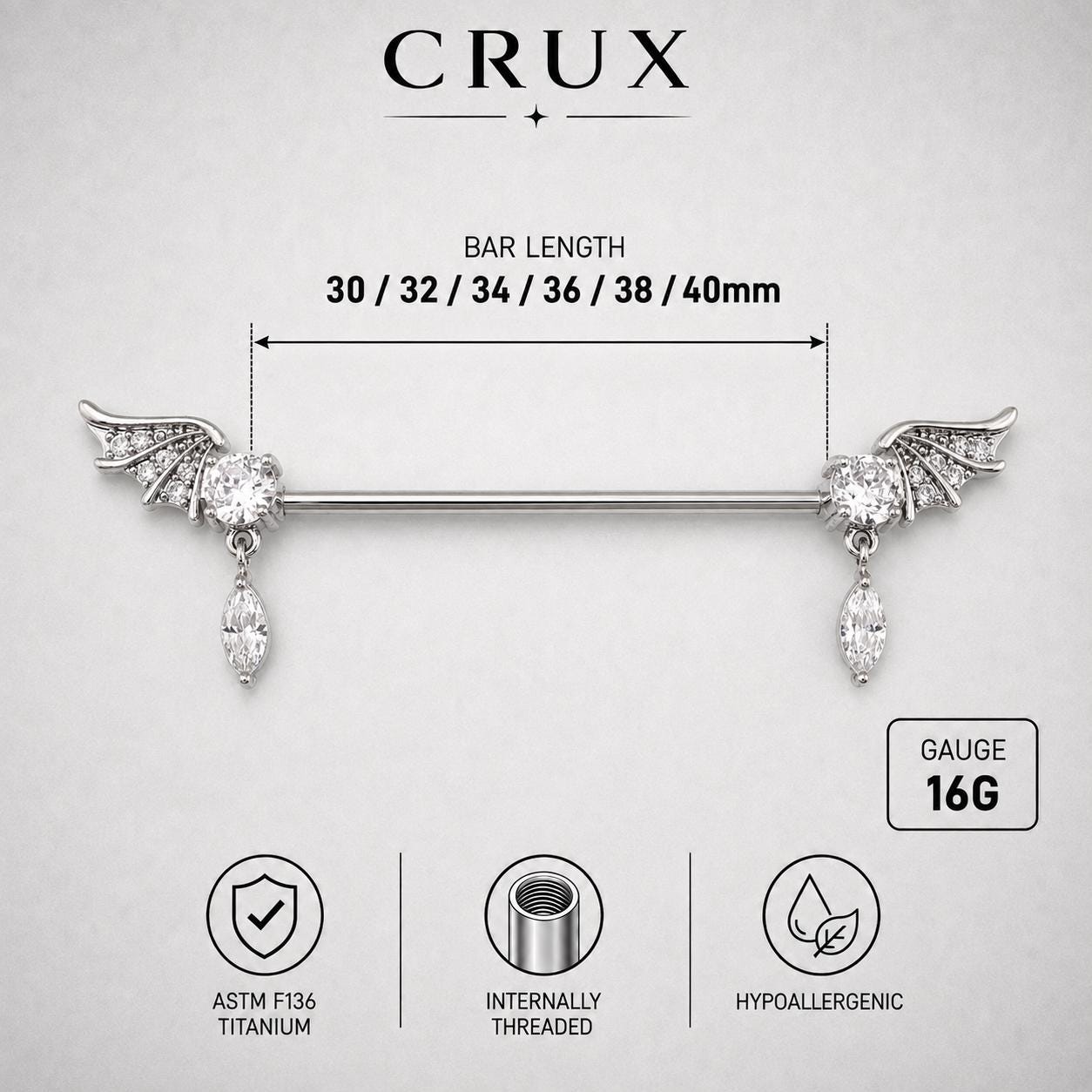 Bat Wing Crystal titanium industrial barbell, detail view 7