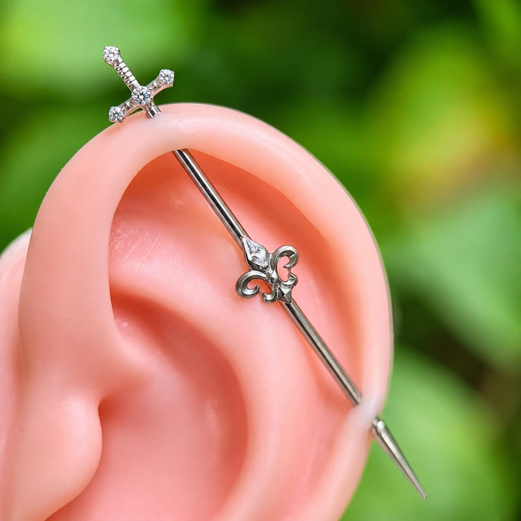 Fleur-de-Lis Sword industrial barbell detail 4