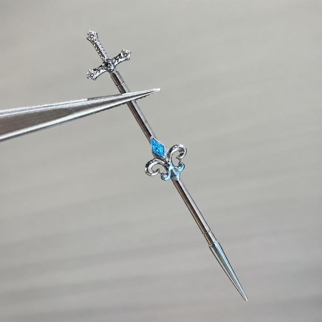Fleur-de-Lis Sword industrial barbell detail 6