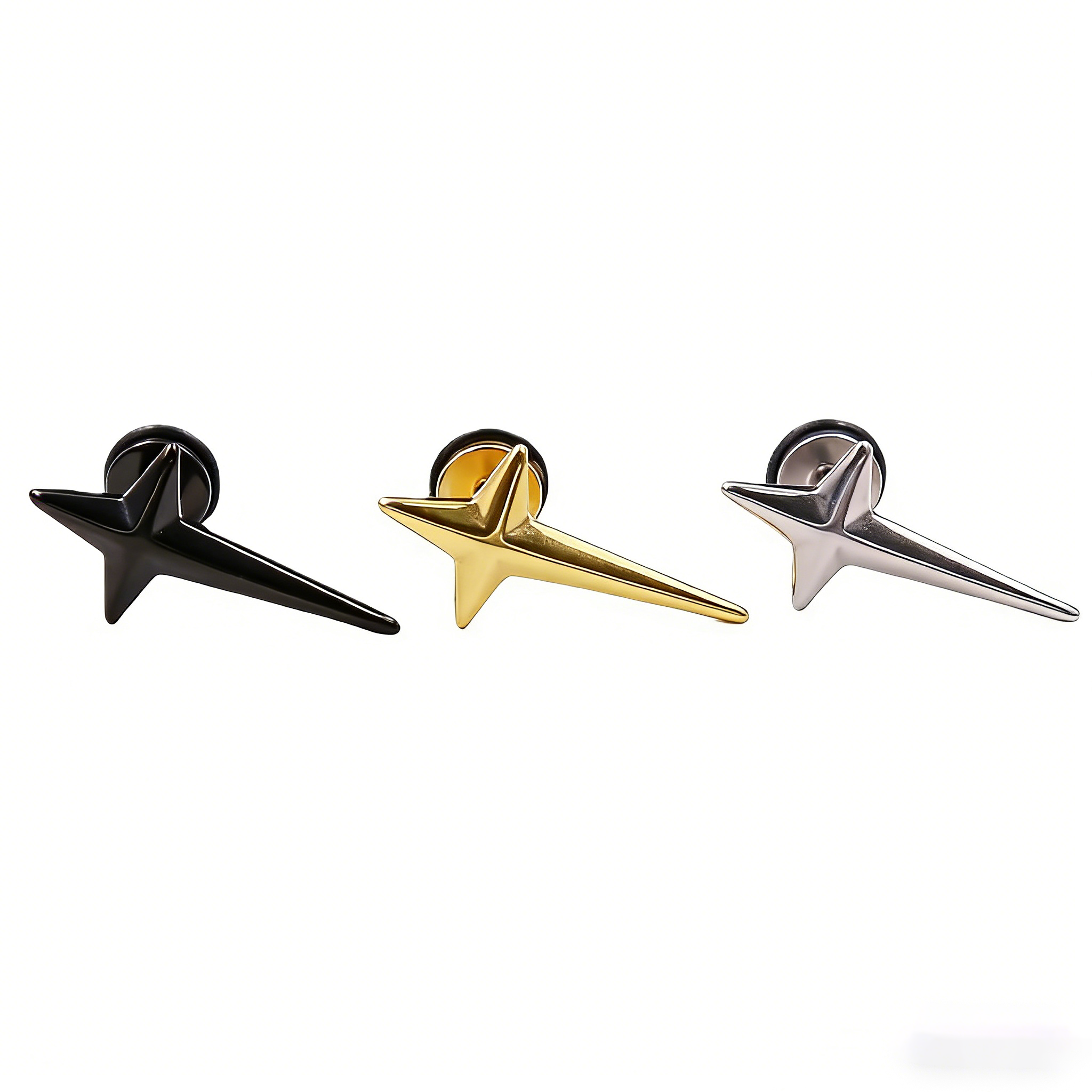 Large Black & White 3D Four-Point Star Externally Threaded Stainless Steel Ear Studs