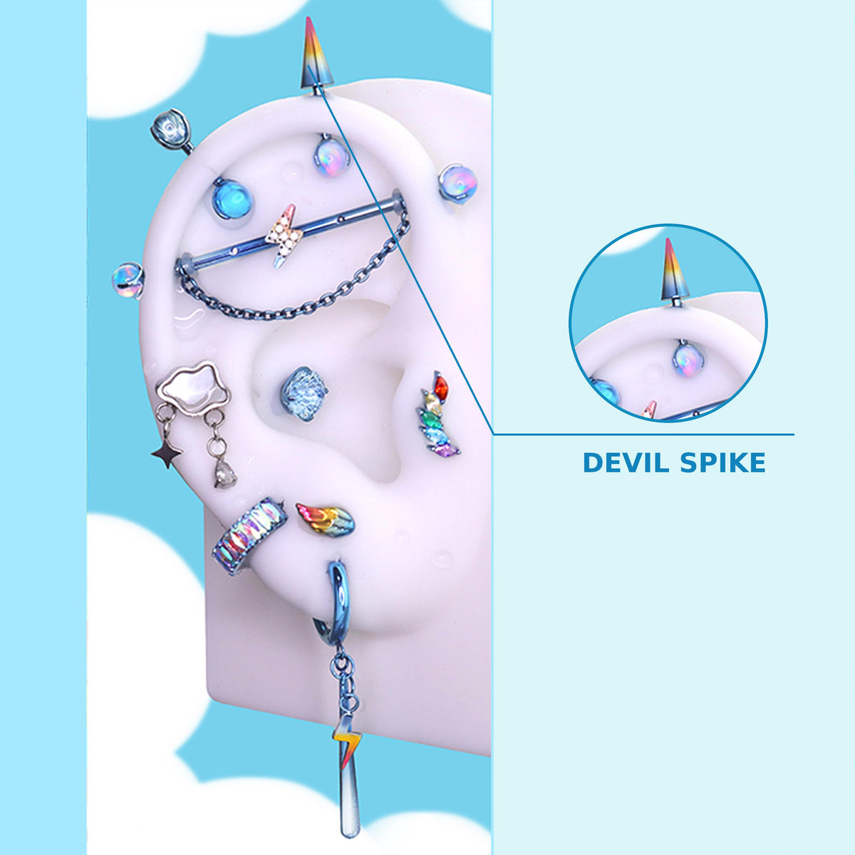 DEVIL SPIKE Rainbow Dash Ear Stack in ASTM F136 Titanium